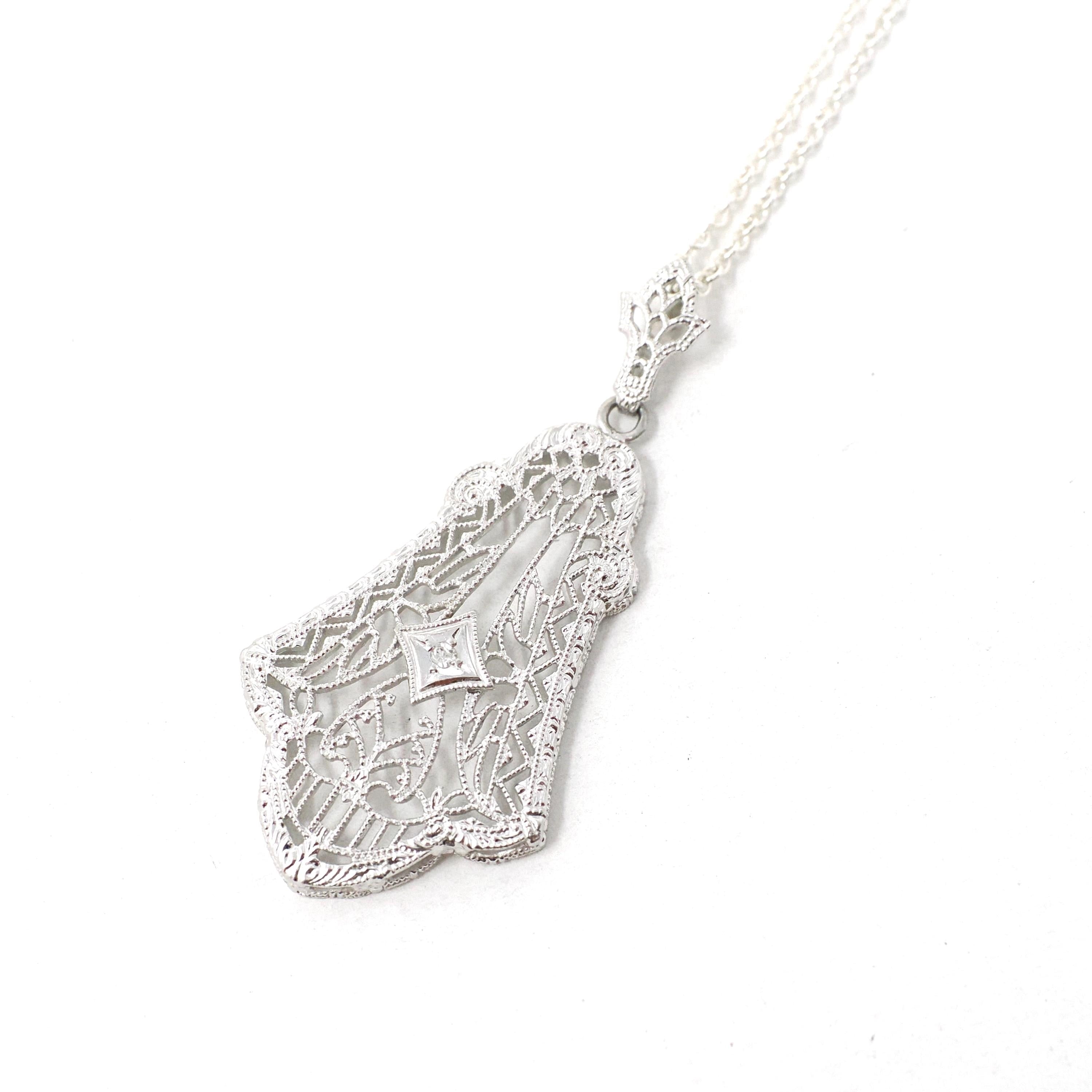 Art Deco Necklace - Vintage 10k White Gold .07 CT Diamond Lavalier Necklace - Circa 1930s Era Lacy Filigree Statement Fine Esemco Jewelry