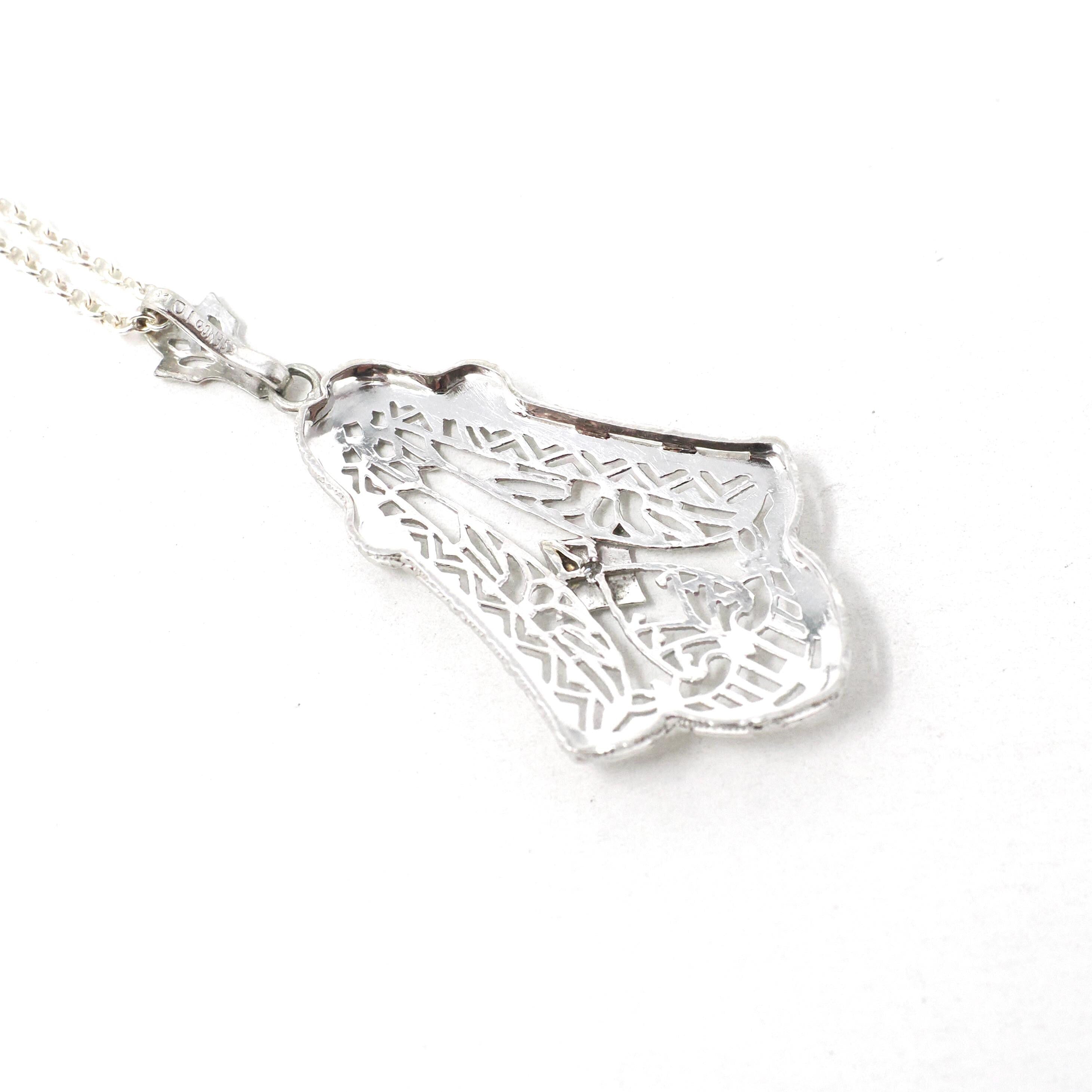 Art Deco Necklace - Vintage 10k White Gold .07 CT Diamond Lavalier Necklace - Circa 1930s Era Lacy Filigree Statement Fine Esemco Jewelry