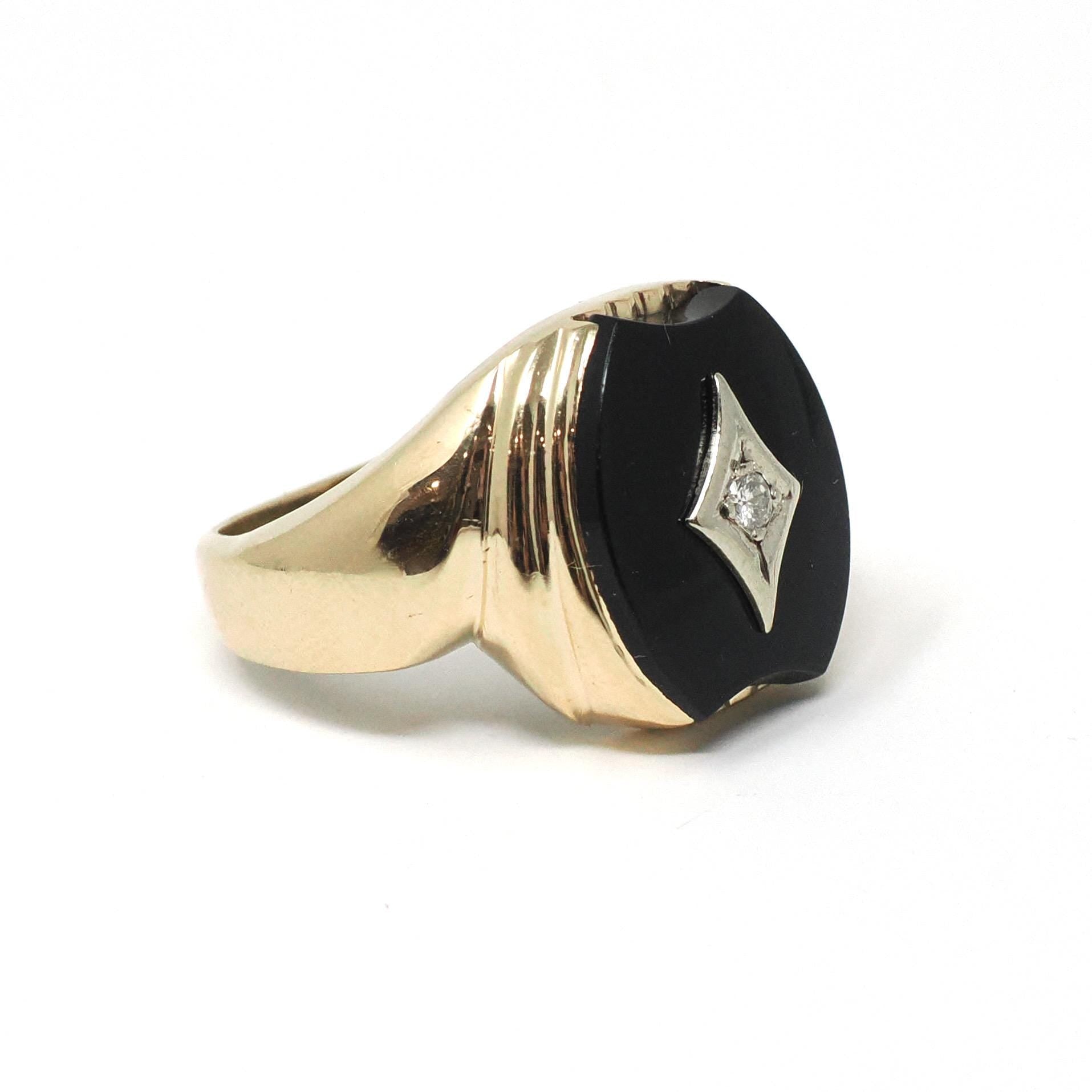 Vintage Onyx Ring - Mid Century 10k Yellow Gold Black Chalcedony Gemstone & Diamond Statement - Circa 1950s Era Size 8 1/2 Fine 50s Jewelry