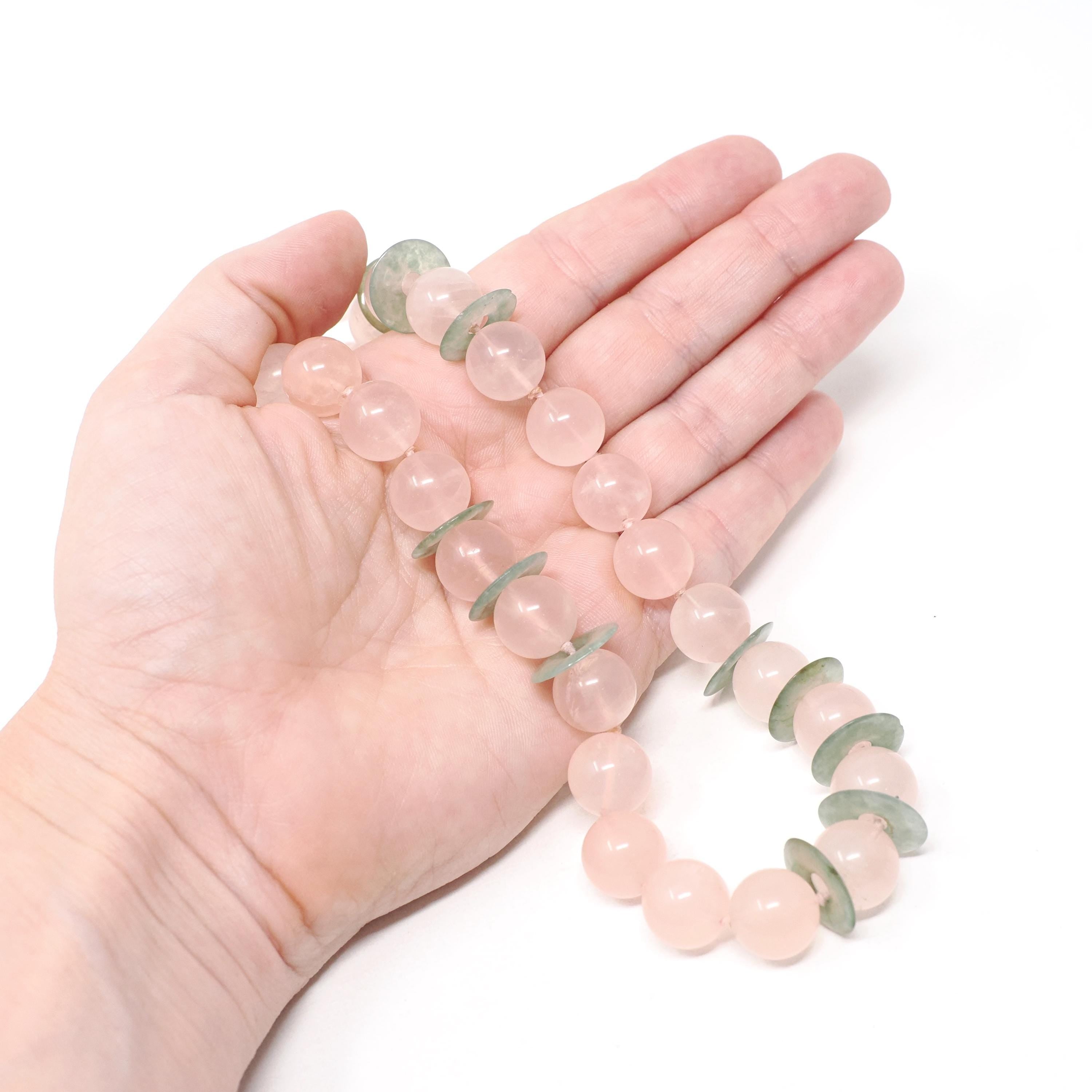 Rose Quartz & Jade Necklace - Mid Century Era Sterling Silver Tumbled Pink Bead And Green Disc Knotted Strand - Circa 1950s Fashion Jewelry