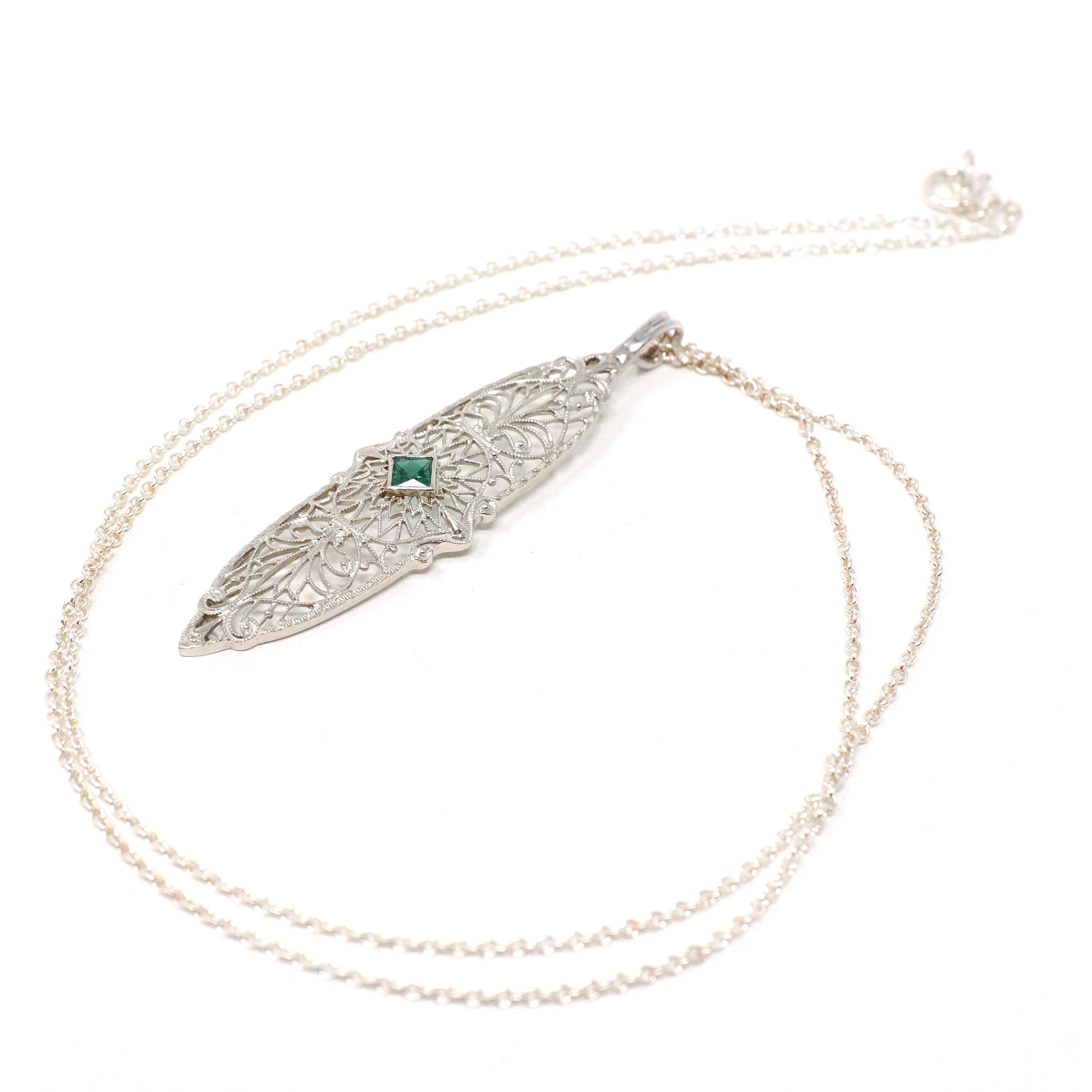 Art Deco Necklace - Vintage 10k White Gold Green Glass Simulated Emerald Conversion Pendant - Circa 1930s Statement Filigree Fine Jewelry