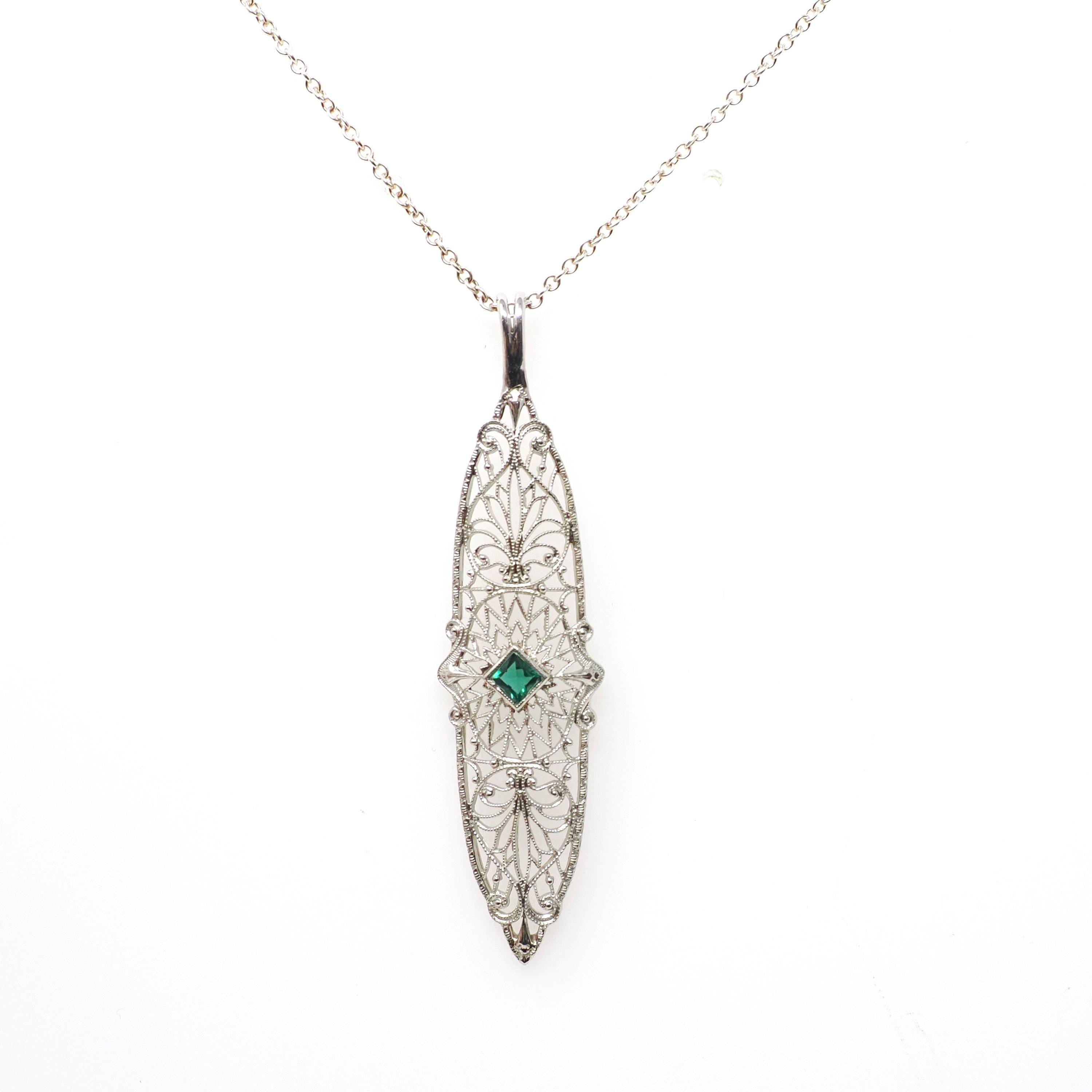 Art Deco Necklace - Vintage 10k White Gold Green Glass Simulated Emerald Conversion Pendant - Circa 1930s Statement Filigree Fine Jewelry