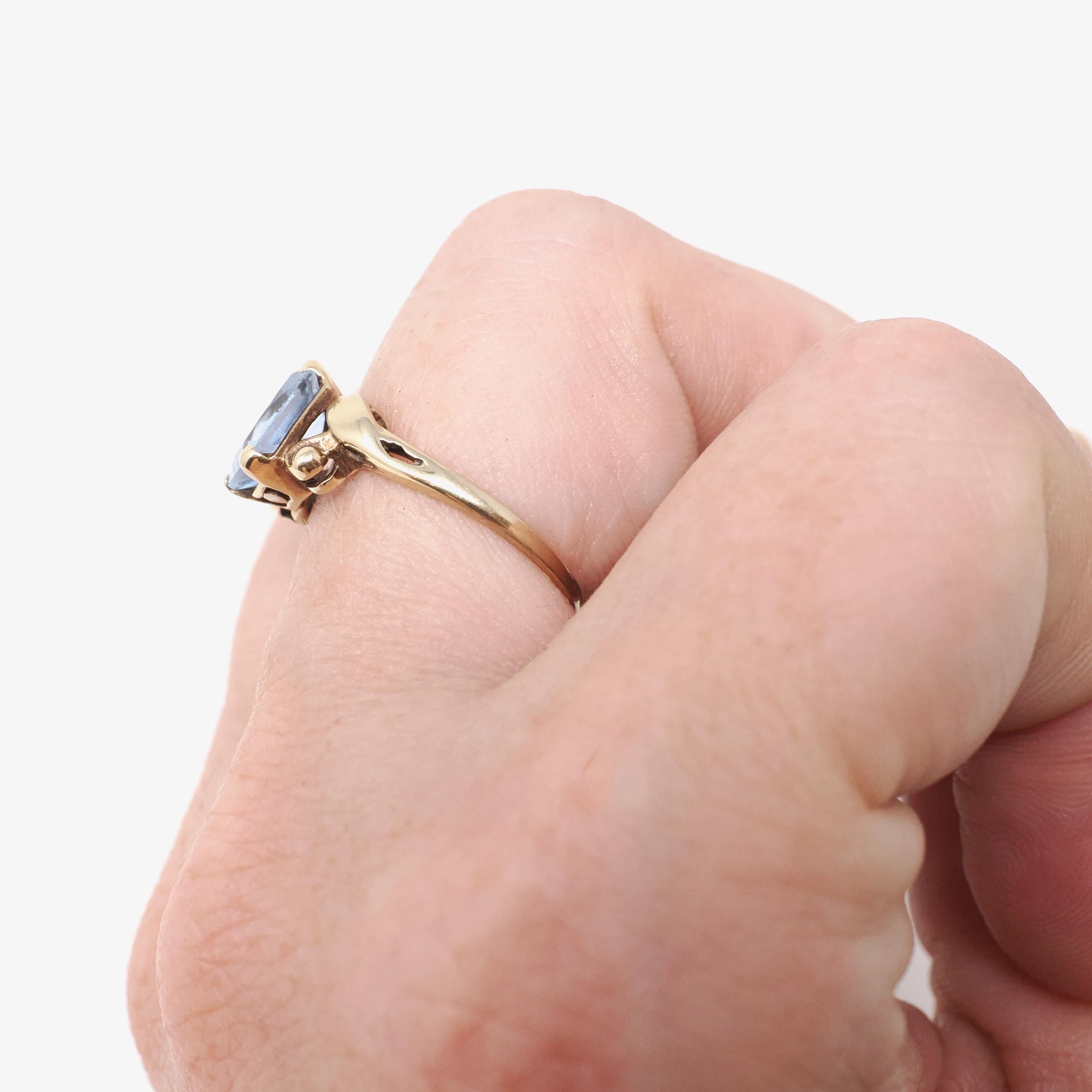 Created Spinel Ring - Retro 10k Yellow Gold Emerald Cut 1.93 CT Blue Stone - Vintage Circa 1940s Era Size 5 1/2 Statement Fine 40s Jewelry