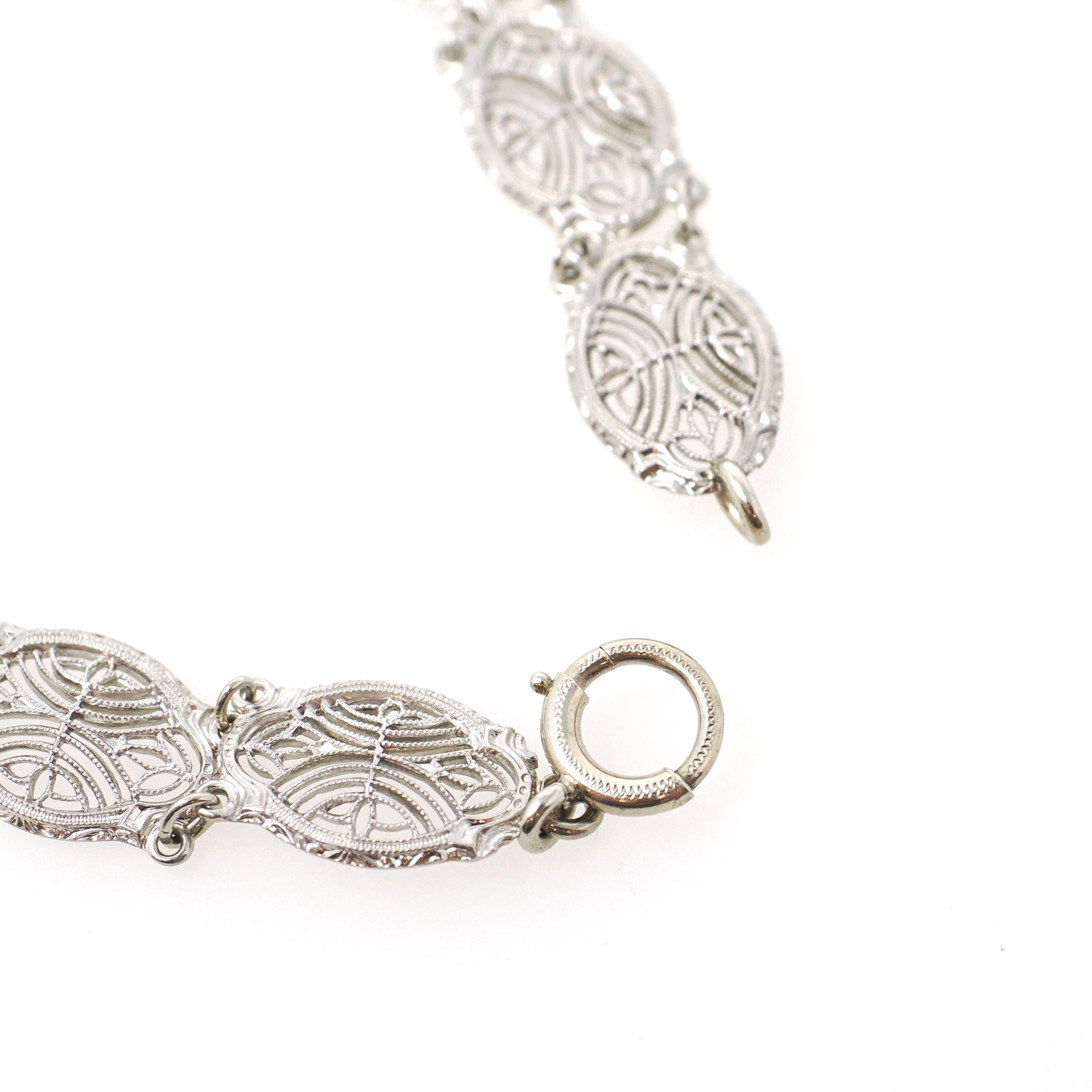 Green Chalcedony Filigree Bracelet - Art Deco 14k White Gold Round Cab Gemstone Panel Links - Circa 1930s 7 1/2 Inch Fine Floral Jewelry