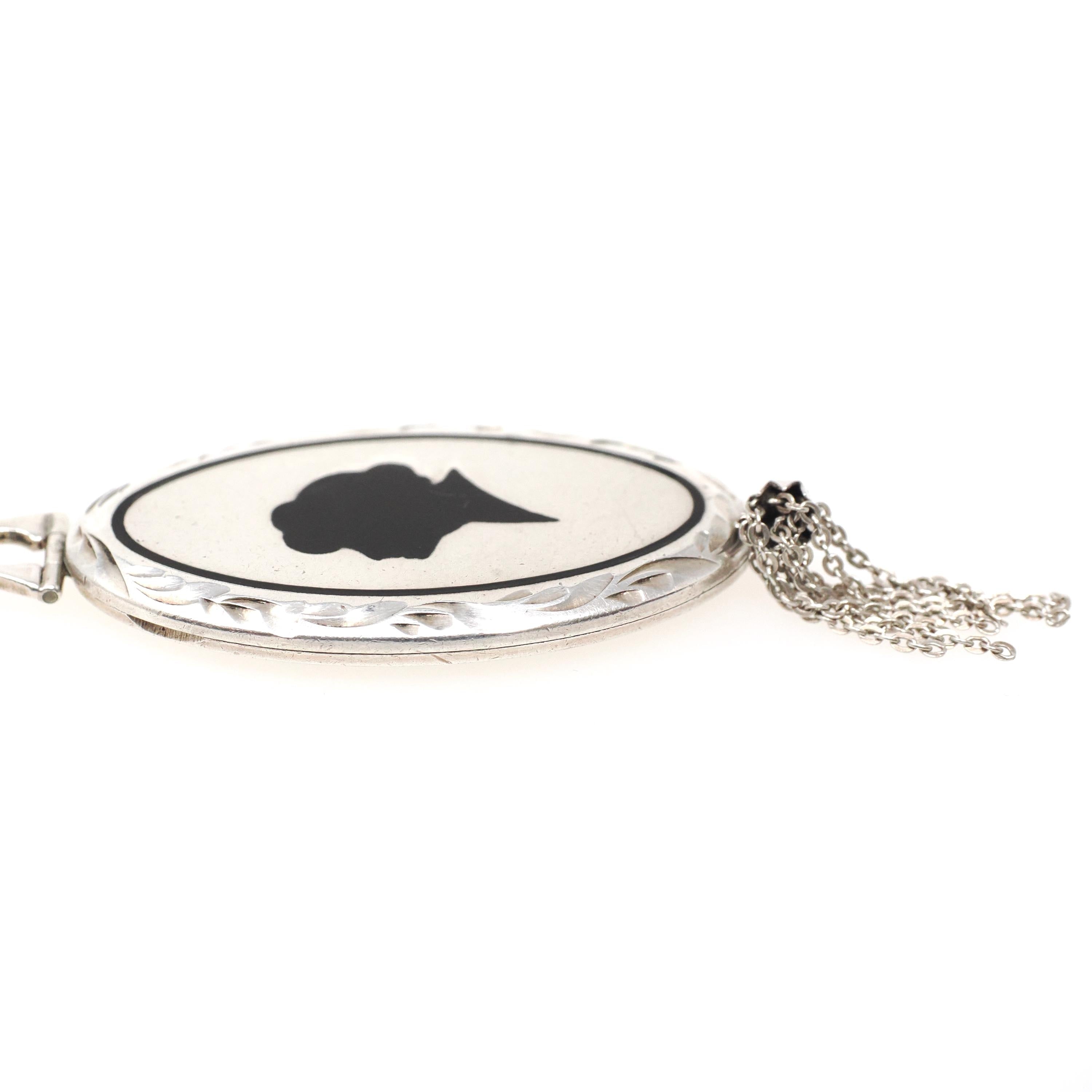 Antique Silhouette Locket - Art Deco Era Sterling Silver Oval Black Enamel Pendant Necklace - Vintage 1920s Female Portrait Tassel Jewelry