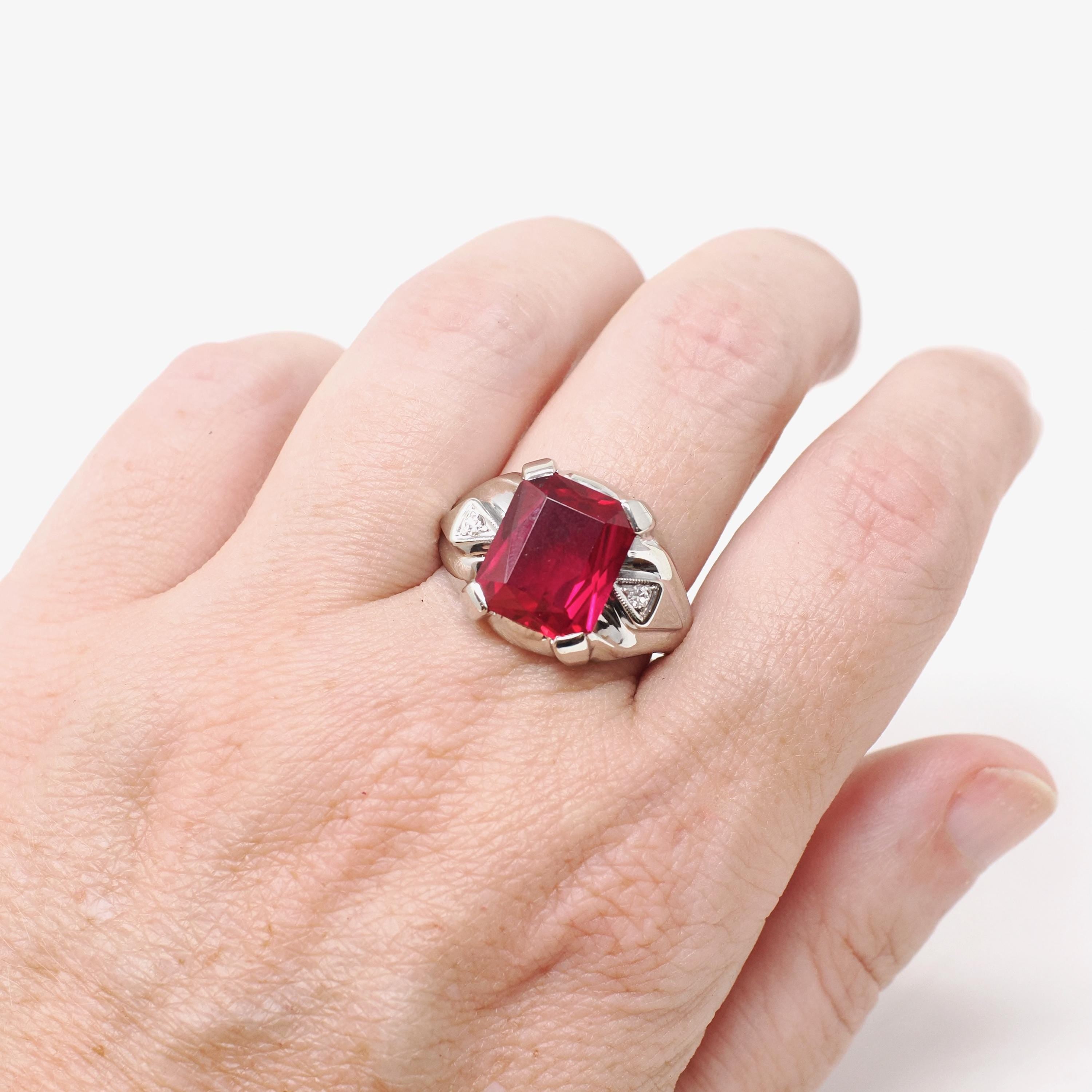 Created Ruby Ring - Vintage 10k White Gold Three Stone Unisex Red Gemstone - Circa 1950s Size 9 Diamond Accent July Birthstone Jewelry