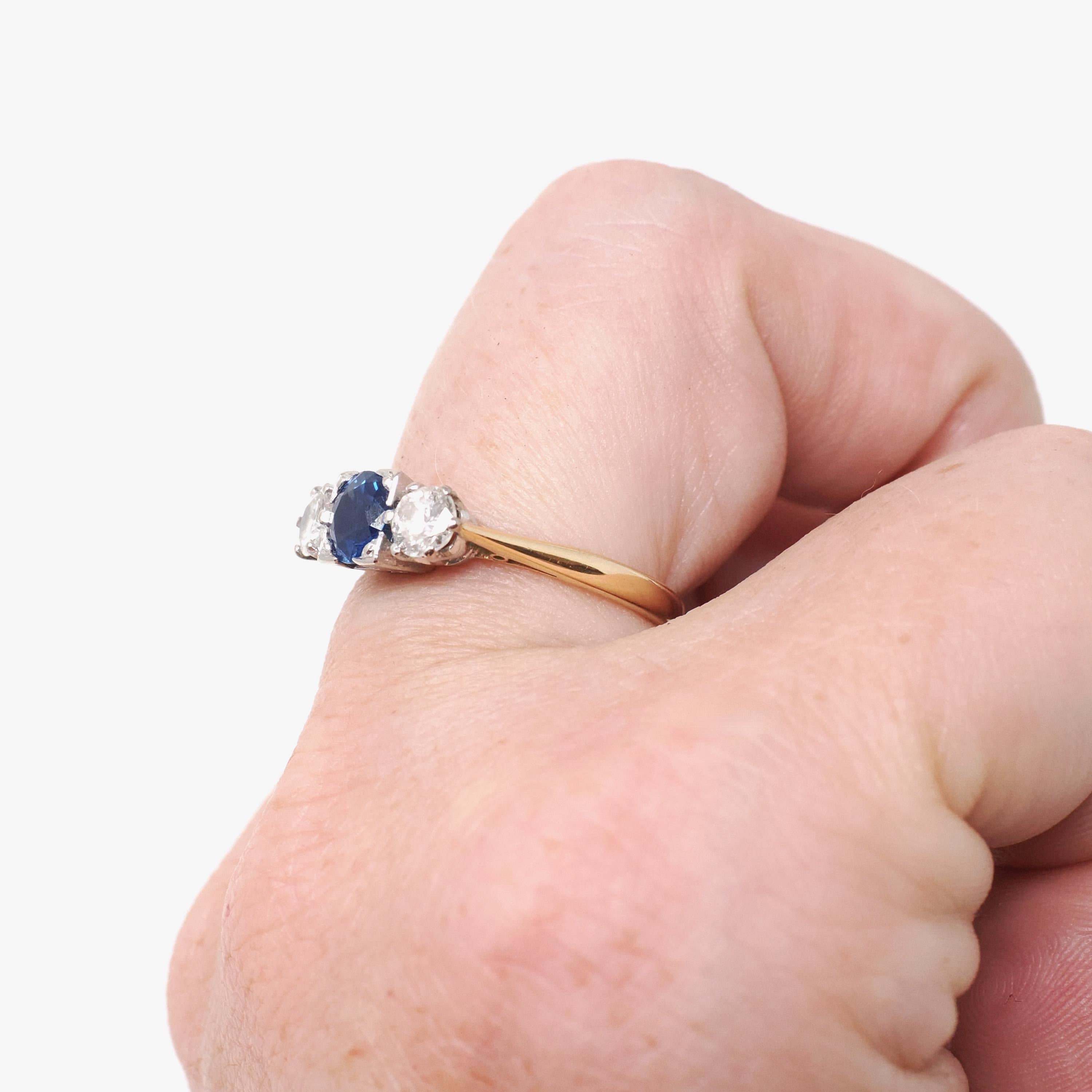 Vintage Sapphire & Diamond Ring - Mid Century 18k Yellow Gold Platinum Natural Three Stone - Circa 1950s Size 5 3/4 Fine Anniversary Jewelry
