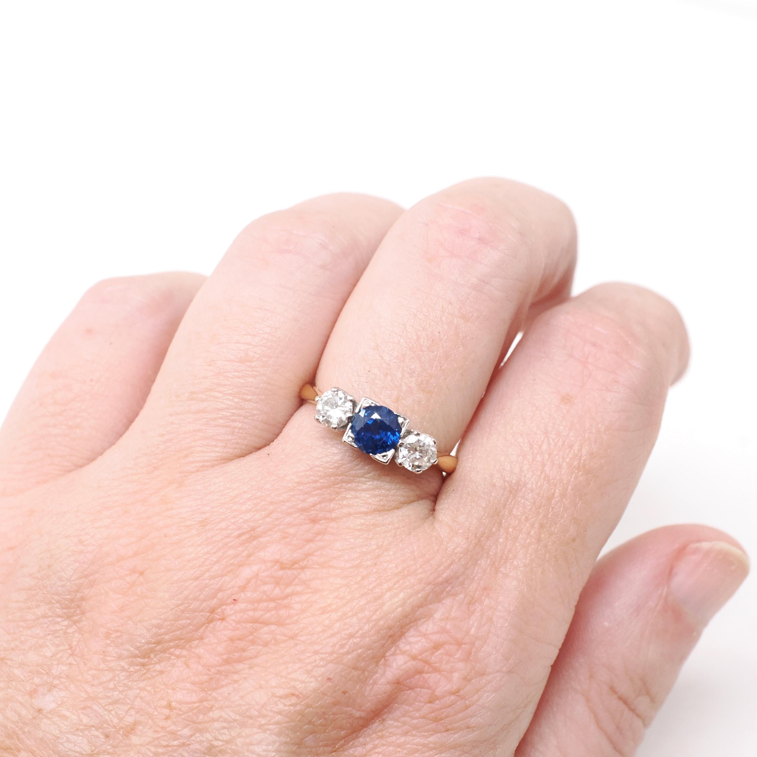 Vintage Sapphire & Diamond Ring - Mid Century 18k Yellow Gold Platinum Natural Three Stone - Circa 1950s Size 5 3/4 Fine Anniversary Jewelry