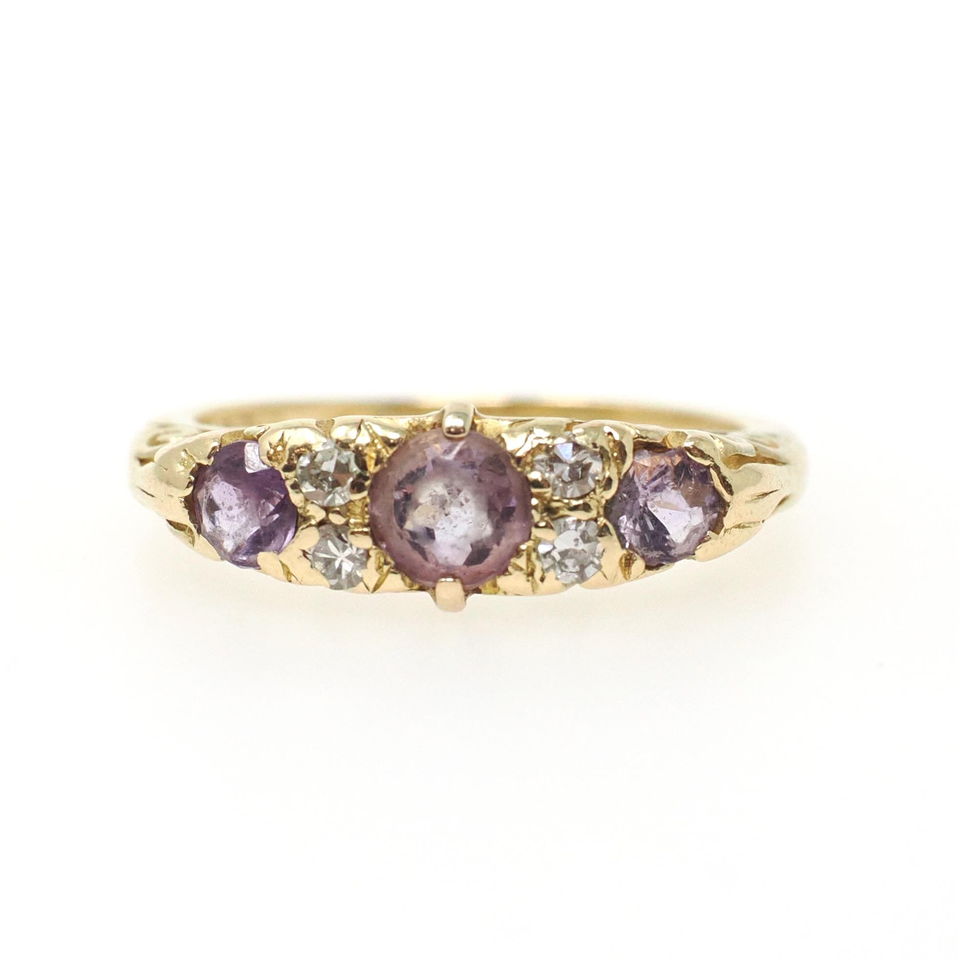 Vintage Amethyst Ring - Mid Century Era 18k Yellow Gold Natural Purple Gemstones - Hallmarked 1960 Size 3 3/4 Diamond Accents Fine Jewelry