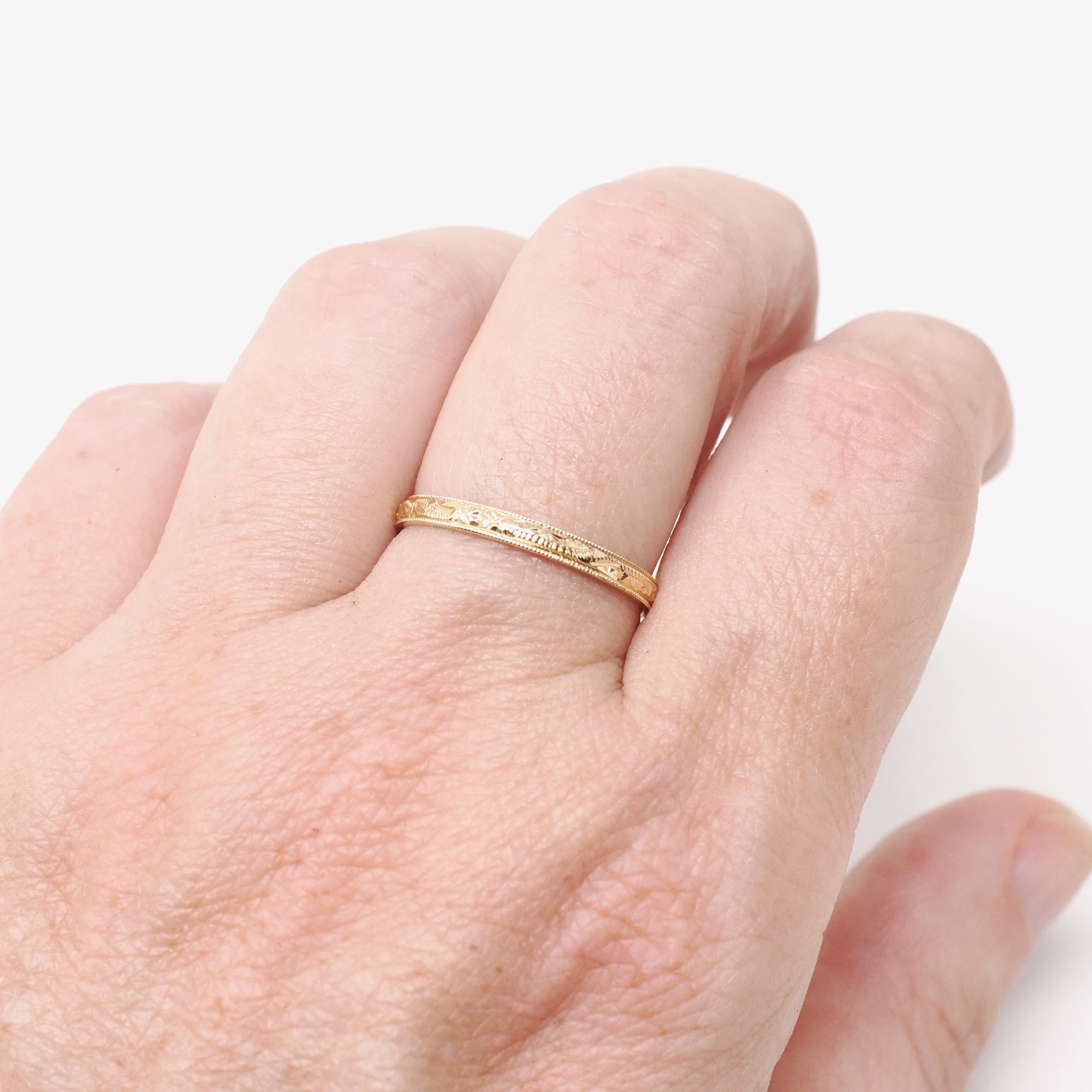 Vintage Flower Band - Estate 14k Yellow Gold 2.1 MM Eternity Wedding Ring - Dated 1986 Era Size 6 3/4 Bridal Stacking Milgrain Fine Jewelry