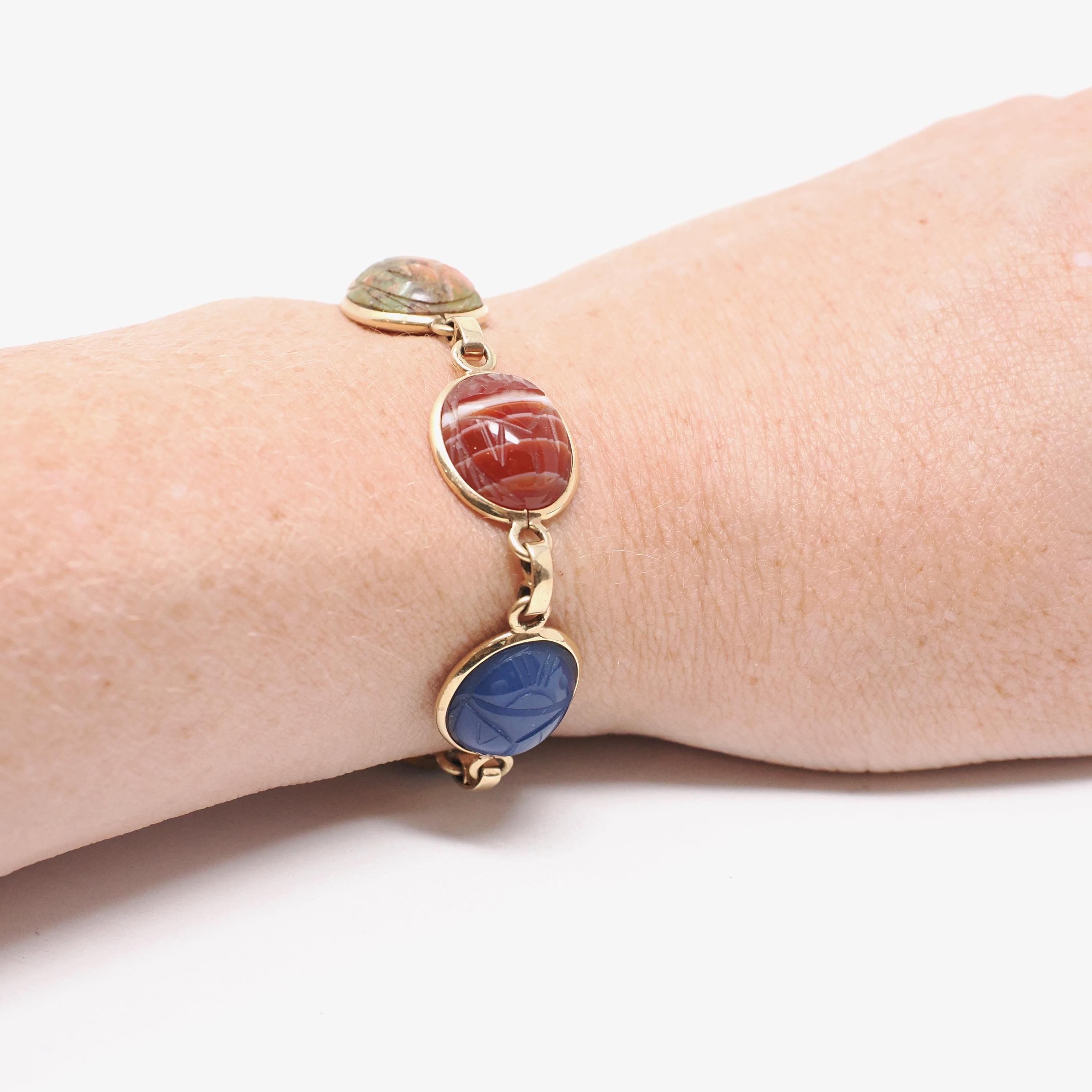 Vintage Scarab Bracelet - Retro 10k Yellow Gold Carved Natural Gemstones - Circa 1960s Era Egyptian Revival Style Panel Statement Jewelry
