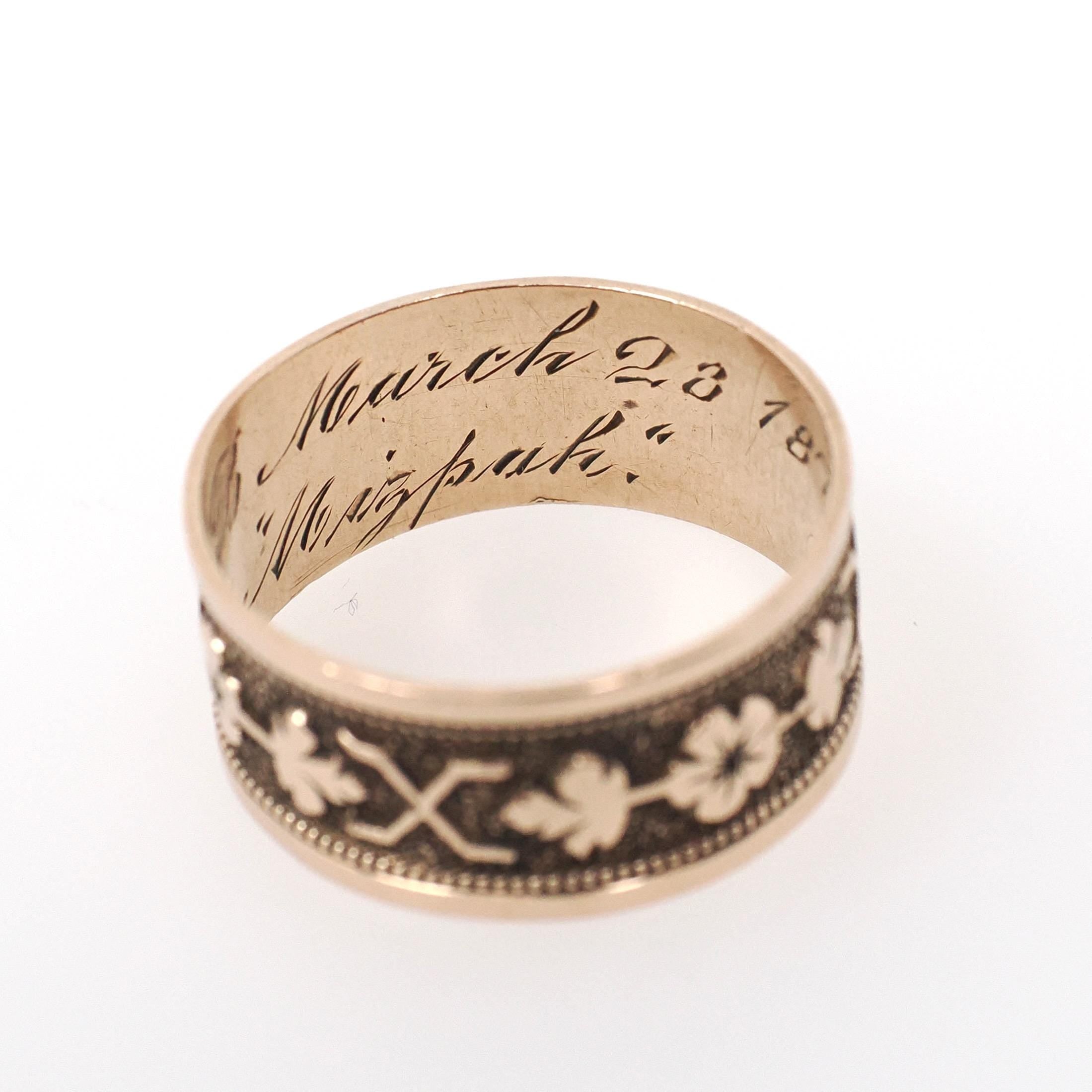 Antique Cigar Band - Victorian 10k Yellow Gold Nature Inspired Design Leaf Flower Wide Ring - Dated 1876 Size 7 Mizpah Unisex Fine Jewelry