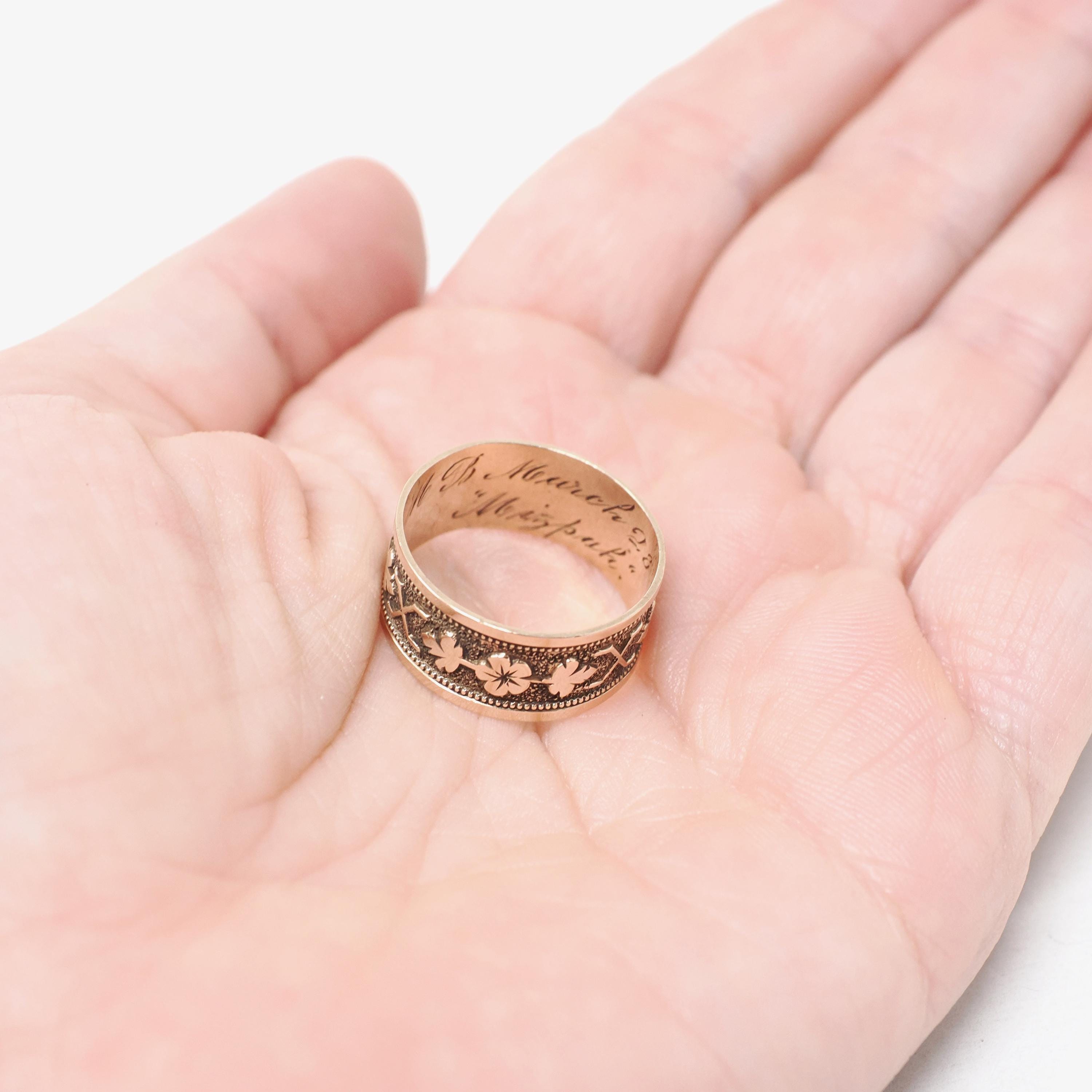 Antique Cigar Band - Victorian 10k Yellow Gold Nature Inspired Design Leaf Flower Wide Ring - Dated 1876 Size 7 Mizpah Unisex Fine Jewelry