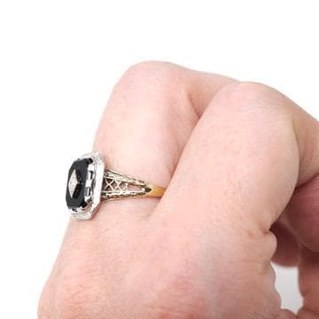 Vintage Onyx Ring - Art Deco 10k Yellow & White Gold Black Gemstone .03 CT Diamond Filigree - Circa 1930s Size 8 1/4 Two Tone Fine Jewelry