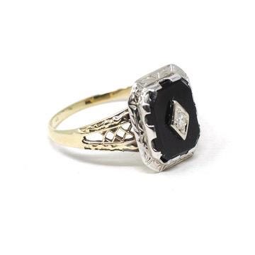 Vintage Onyx Ring - Art Deco 10k Yellow & White Gold Black Gemstone .03 CT Diamond Filigree - Circa 1930s Size 8 1/4 Two Tone Fine Jewelry