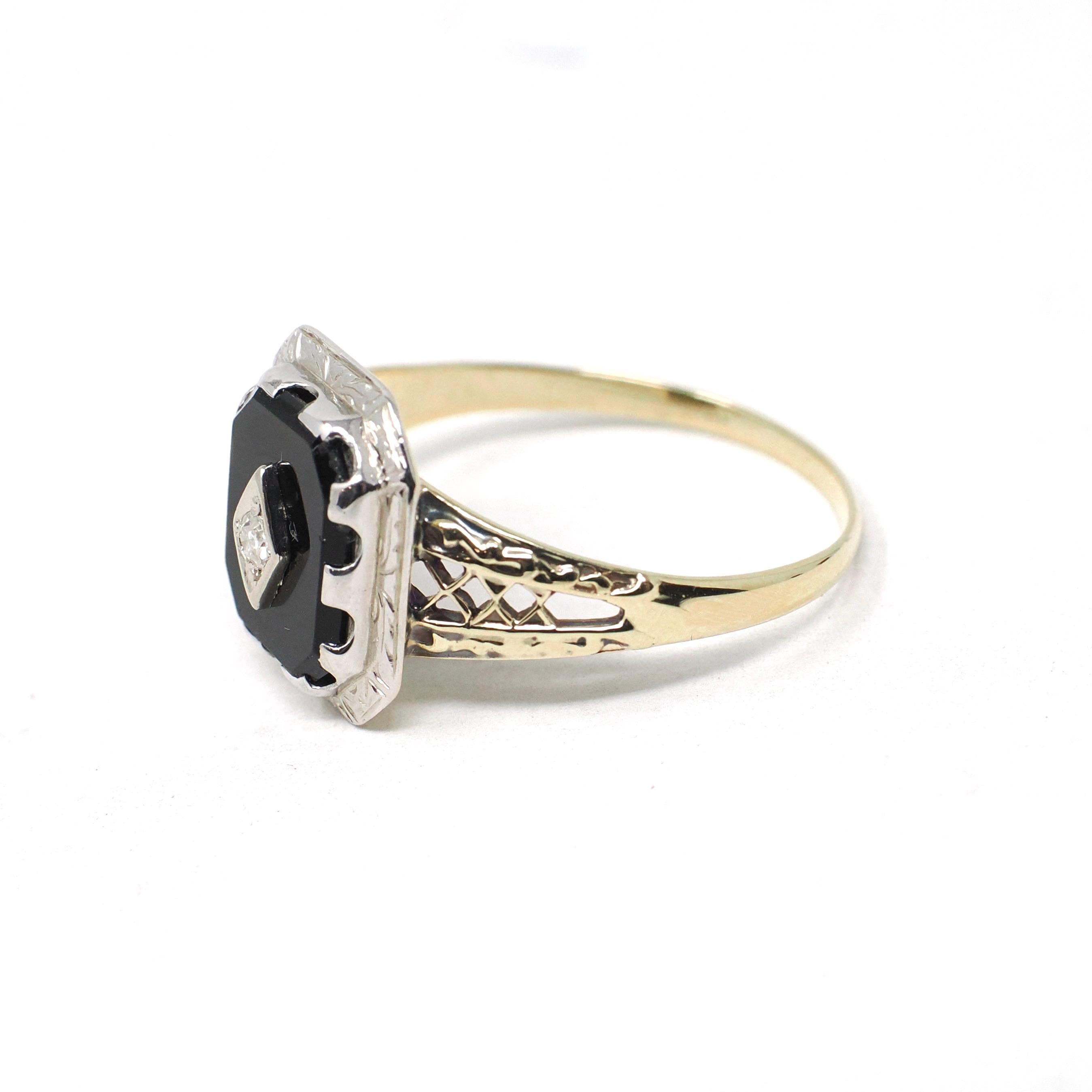 Vintage Onyx Ring - Art Deco 10k Yellow & White Gold Black Gemstone .03 CT Diamond Filigree - Circa 1930s Size 8 1/4 Two Tone Fine Jewelry