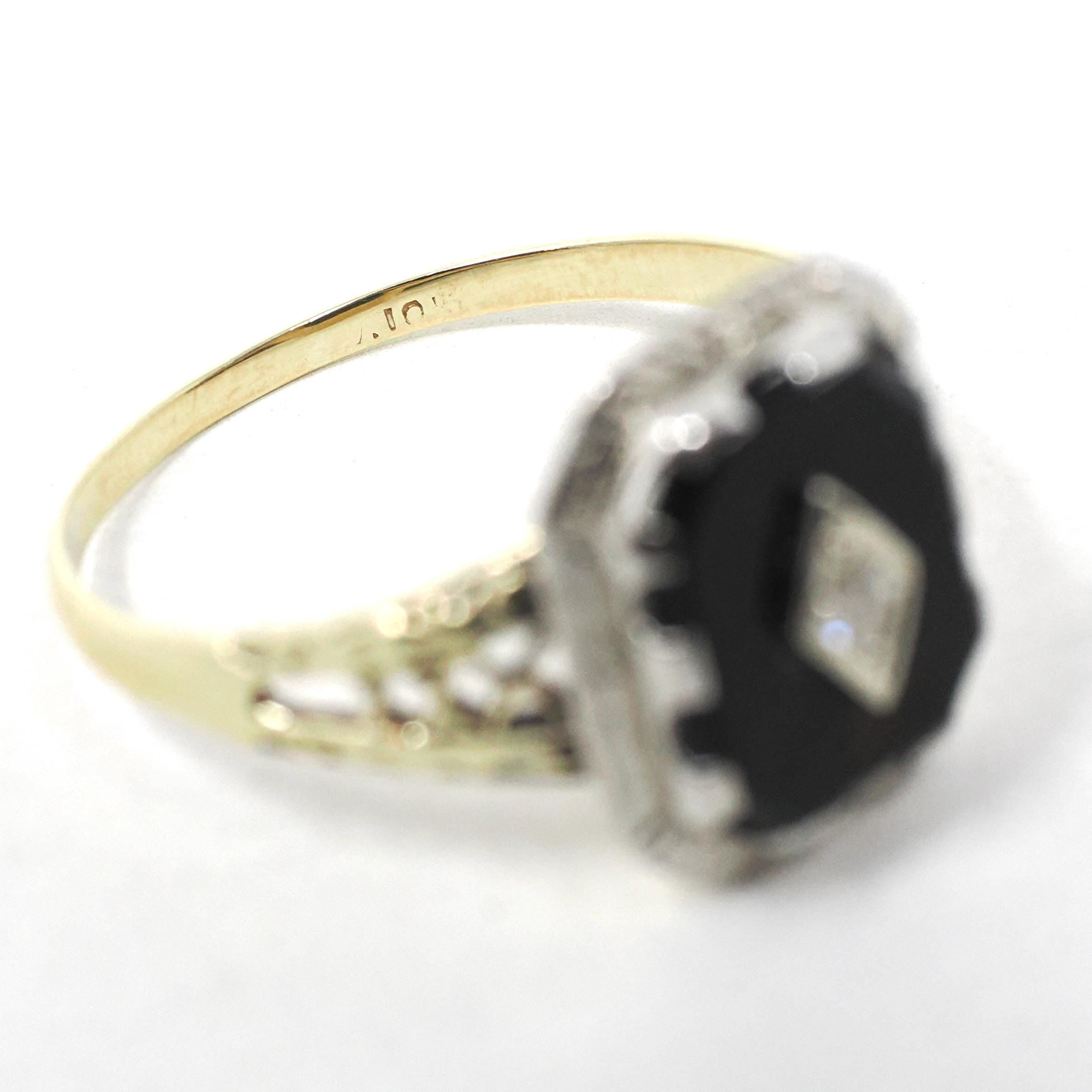 Vintage Onyx Ring - Art Deco 10k Yellow & White Gold Black Gemstone .03 CT Diamond Filigree - Circa 1930s Size 8 1/4 Two Tone Fine Jewelry