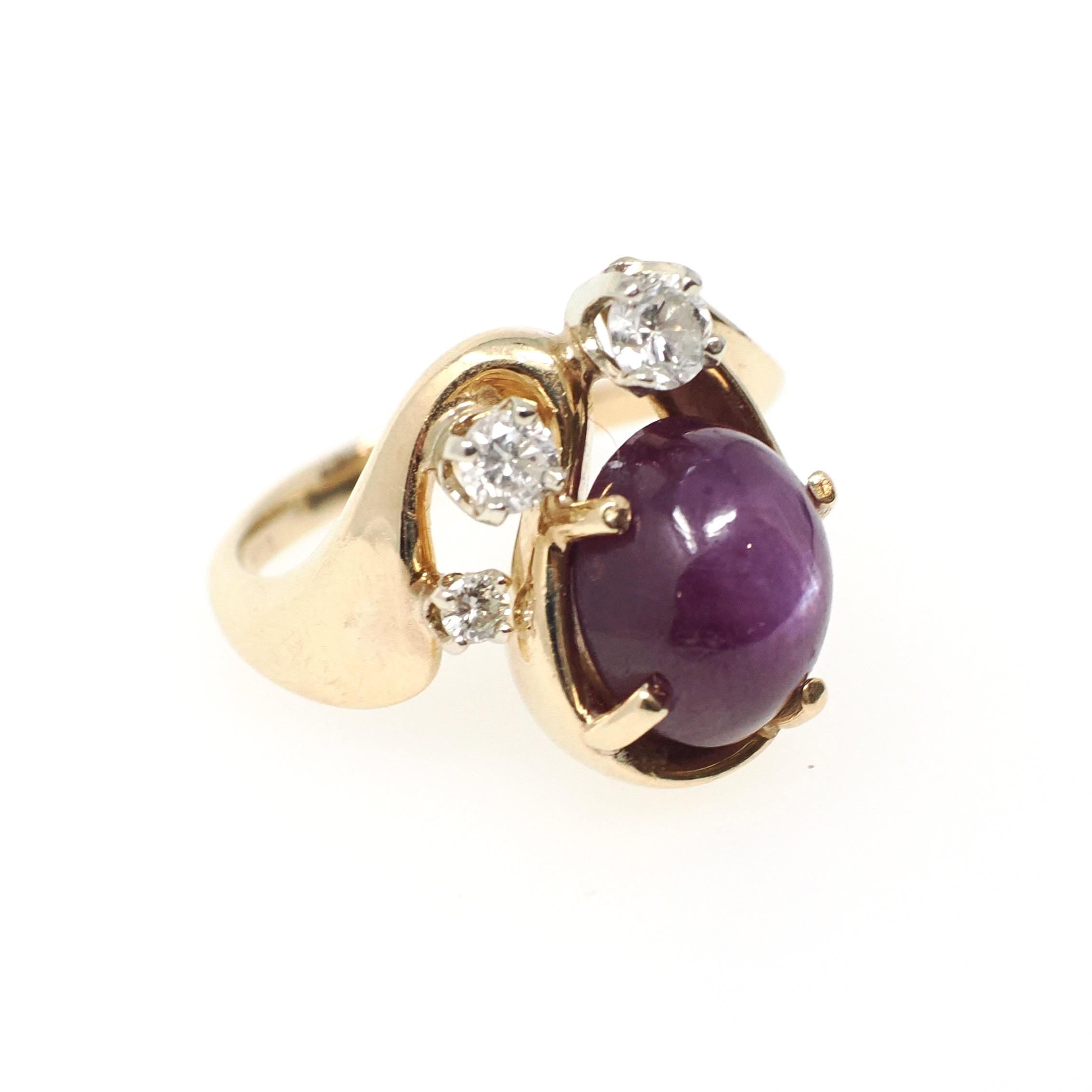 Vintage Star Ruby Ring - Modernist 14k Yellow Gold Cabochon Cut Natural Diamond Gemstones - Circa 1970s Era Size 4 Celestial Fine Jewelry