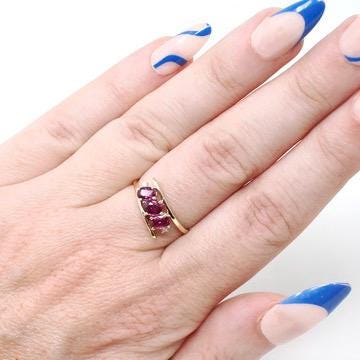 Ruby Bypass Ring - Estate 14k Yellow Gold .72 CTW Oval Pink Gems - Modern Circa 1990s Era Diamond Accented Size 5 1/4 Fine Statement Jewelry
