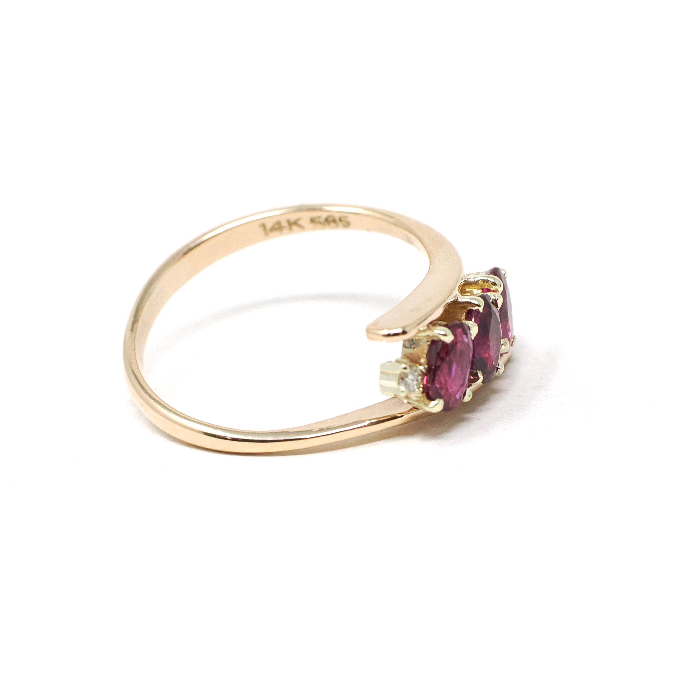 Ruby Bypass Ring - Estate 14k Yellow Gold .72 CTW Oval Pink Gems - Modern Circa 1990s Era Diamond Accented Size 5 1/4 Fine Statement Jewelry