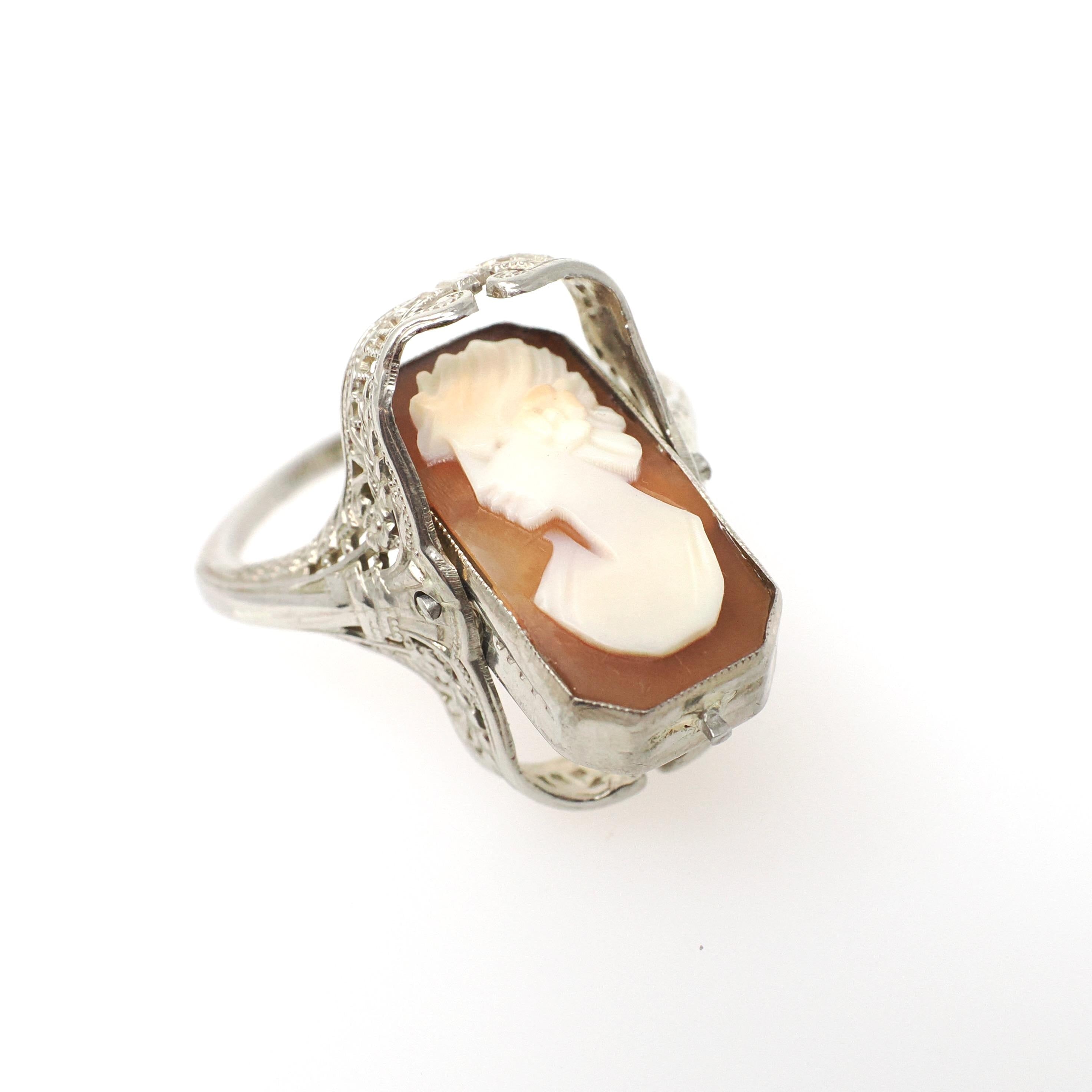Vintage Flip Ring - Art Deco 14k White Gold Double Sided Cameo Diamond Created Pink Sapphire - Circa 1930 Size 6 3/4 Reversible Fine Jewelry