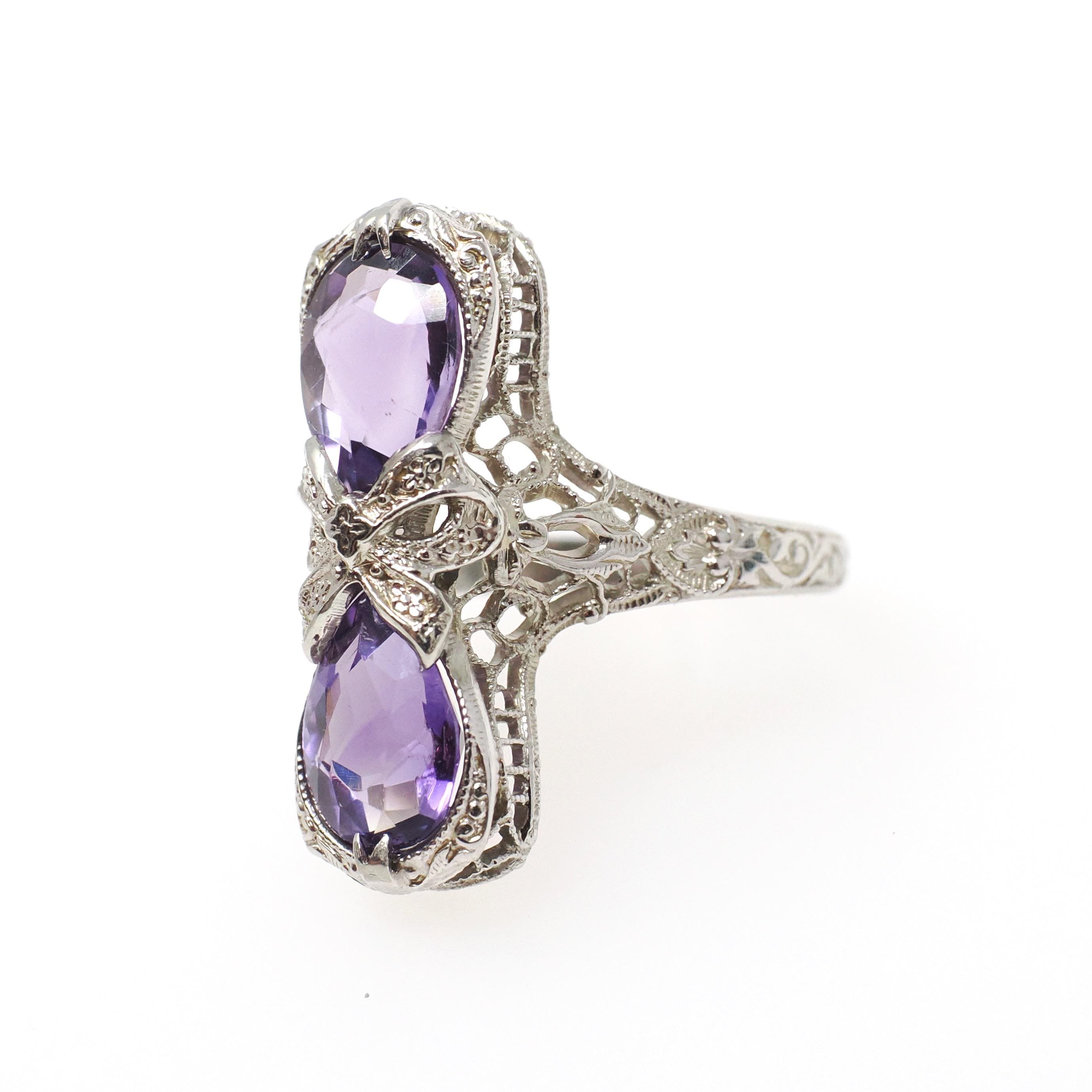 Amethyst Hourglass Ring - Art Deco Era 14k White Gold Natural Purple Pear Cut Gemstones - Vintage 1930s Size 6 1/4 Fine Bow Filigree Jewelry