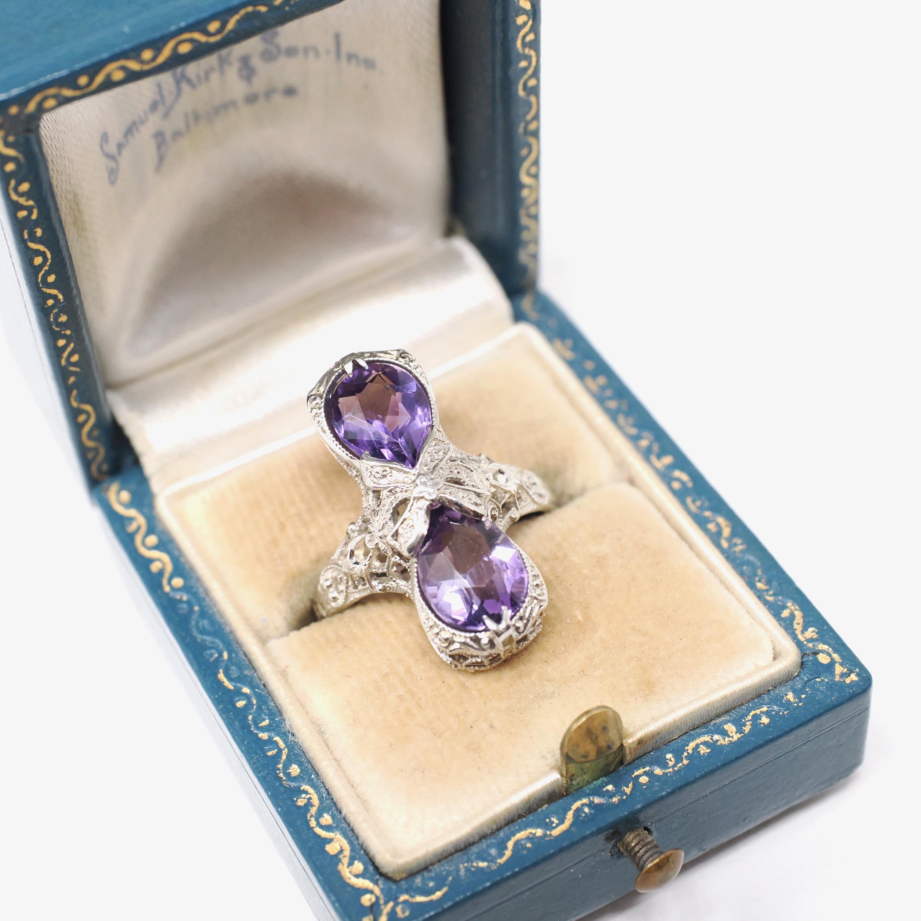 Amethyst Hourglass Ring - Art Deco Era 14k White Gold Natural Purple Pear Cut Gemstones - Vintage 1930s Size 6 1/4 Fine Bow Filigree Jewelry