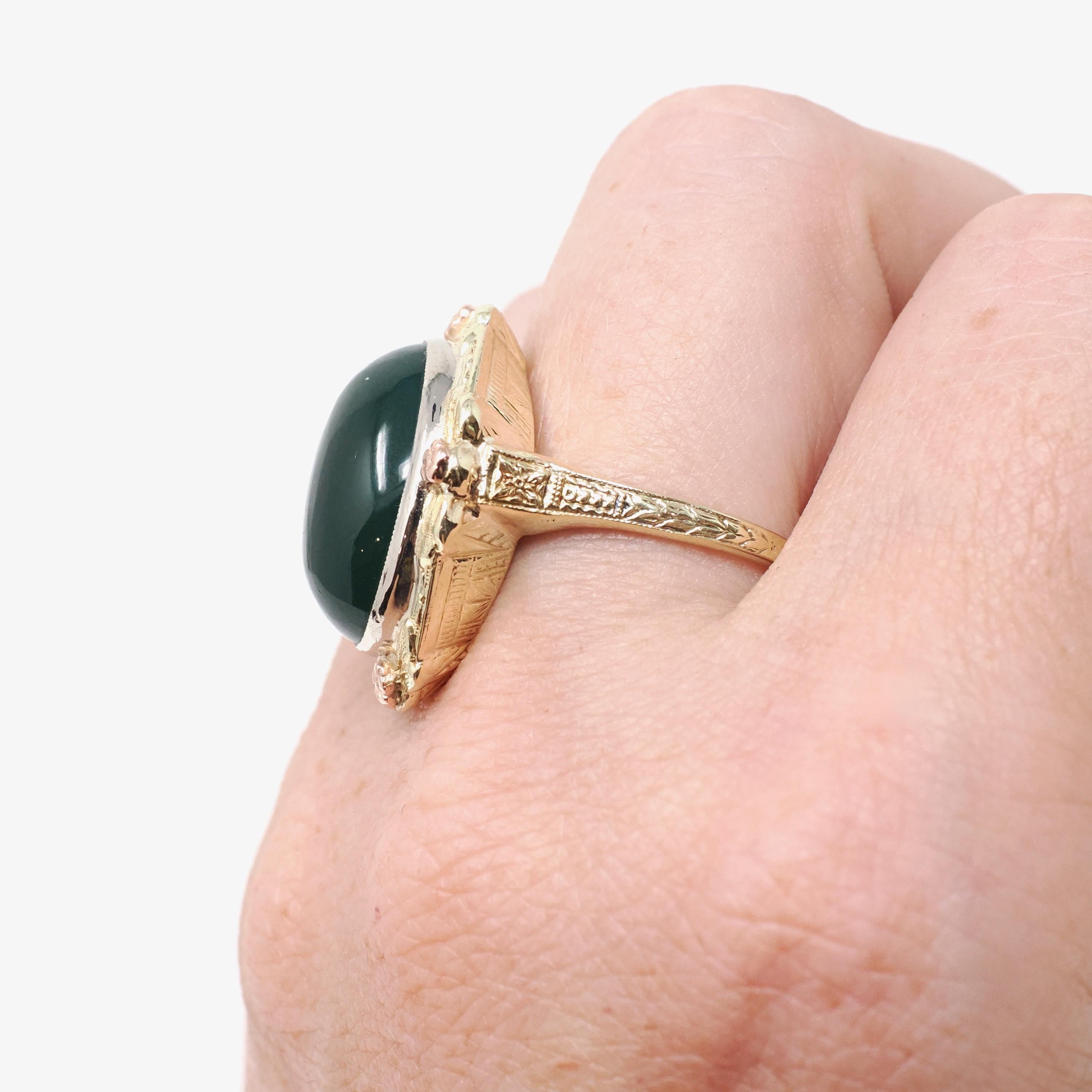 Vintage Chalcedony Ring - Mid Century 14k Yellow & Rose Gold Dyed Green Cabochon Gemstone - Circa 1940s Era Size 8 Floral Bow Fine Jewelry
