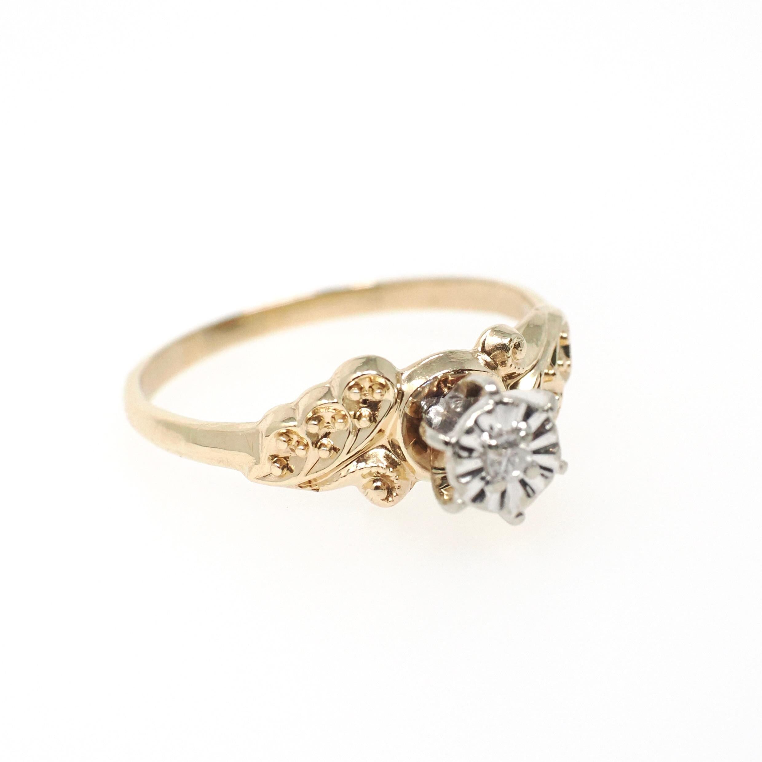Illusion Diamond Ring - Retro 14k Yellow & 10k White Gold Natural .02 CT Solitaire Engagement - Circa 1990s Size 6 3/4 Fine Bridal Jewelry