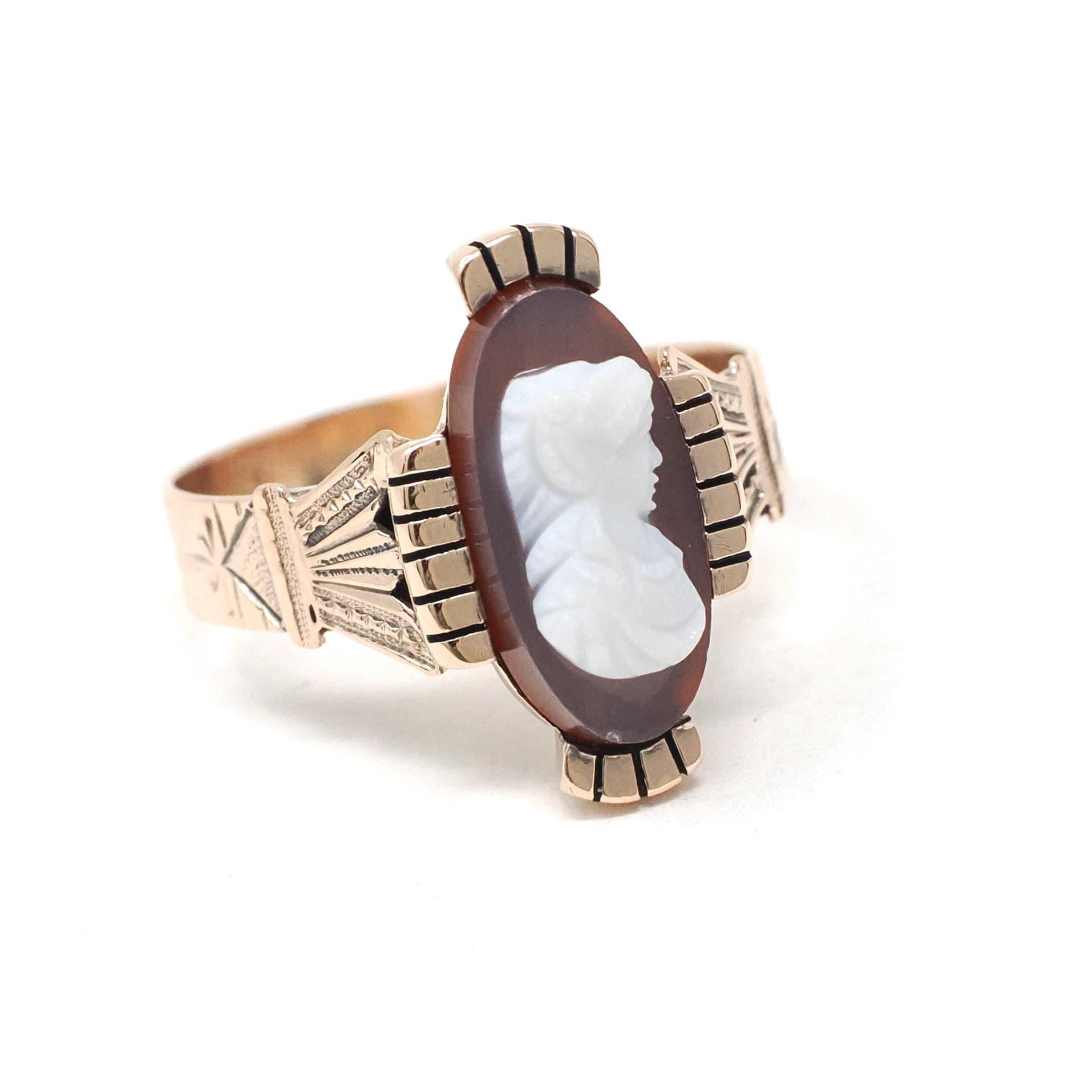 Antique Cameo Ring - Victorian 10k Rose Gold Carved Brown White Sardonyx Gemstone - Circa 1890 Size 6.75 Neoclassical Statement Fine Jewelry