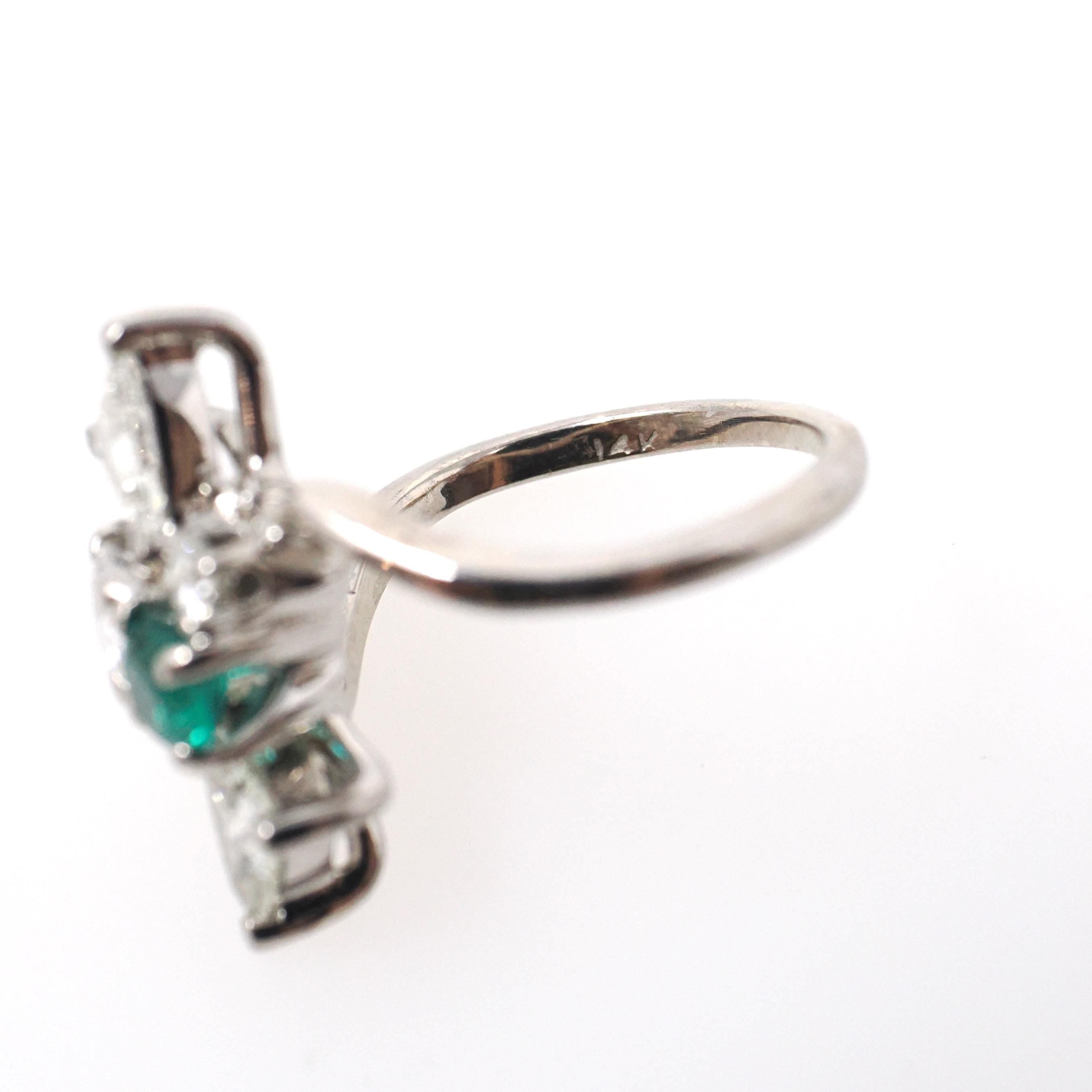 Emerald & Diamond Ring - Modern 14k White Gold Natural Emerald .98 CTW Diamonds Bypass - Circa 2000s Size 3 1/4 May Birthstone Fine Jewelry