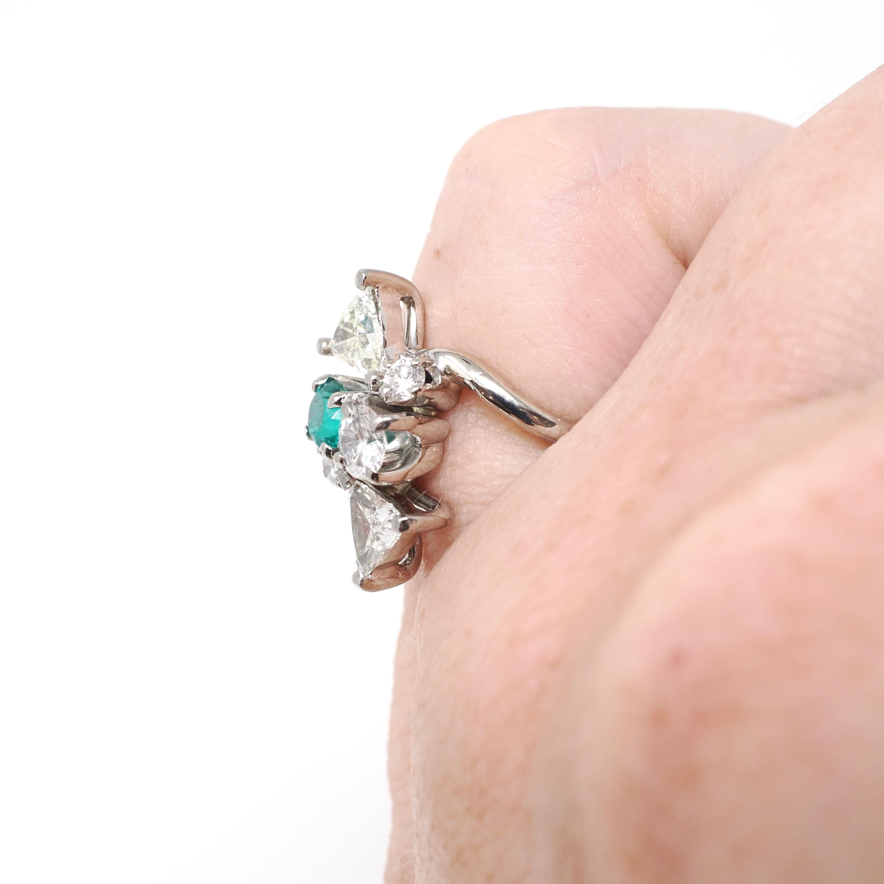 Emerald & Diamond Ring - Modern 14k White Gold Natural Emerald .98 CTW Diamonds Bypass - Circa 2000s Size 3 1/4 May Birthstone Fine Jewelry