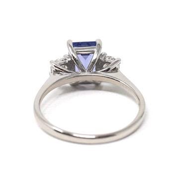 Tanzanite & Diamond Ring - Estate Platinum Natural Violet Blue Emerald Cut Gem Engagement - Modern Era Three Stone Size 6 1/2 Fine Jewelry