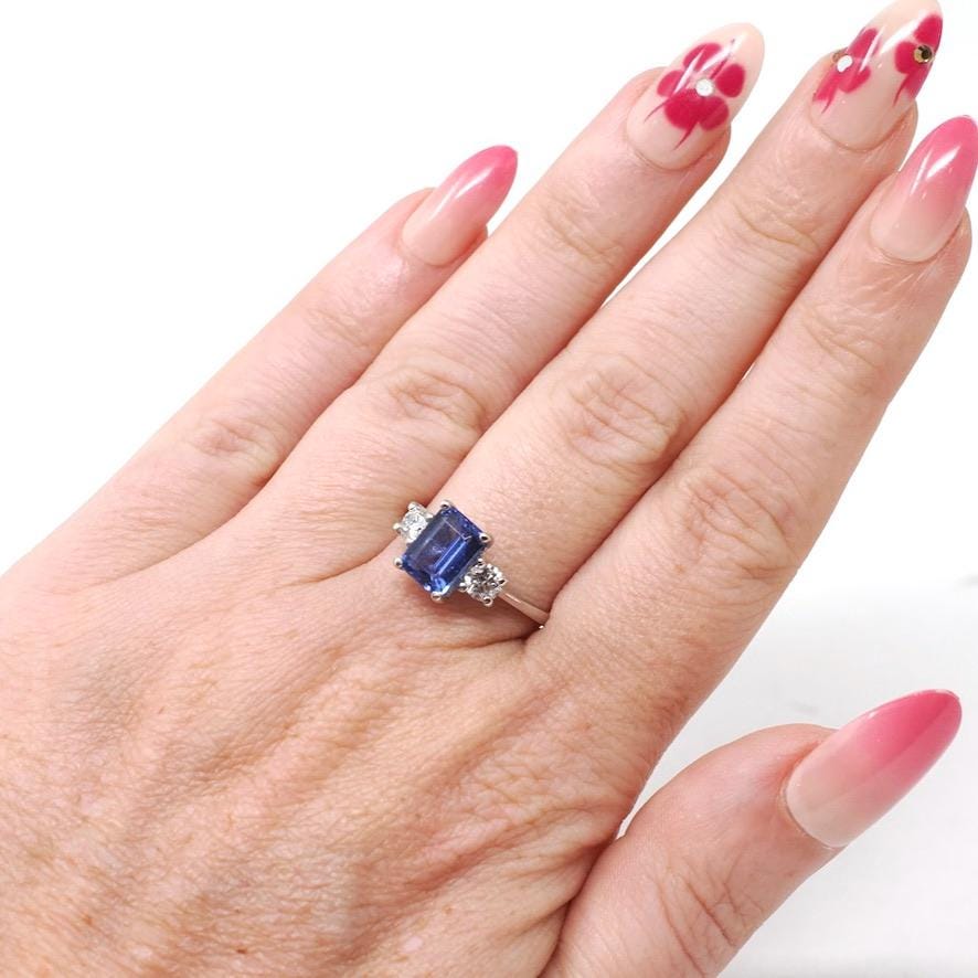 Tanzanite & Diamond Ring - Estate Platinum Natural Violet Blue Emerald Cut Gem Engagement - Modern Era Three Stone Size 6 1/2 Fine Jewelry