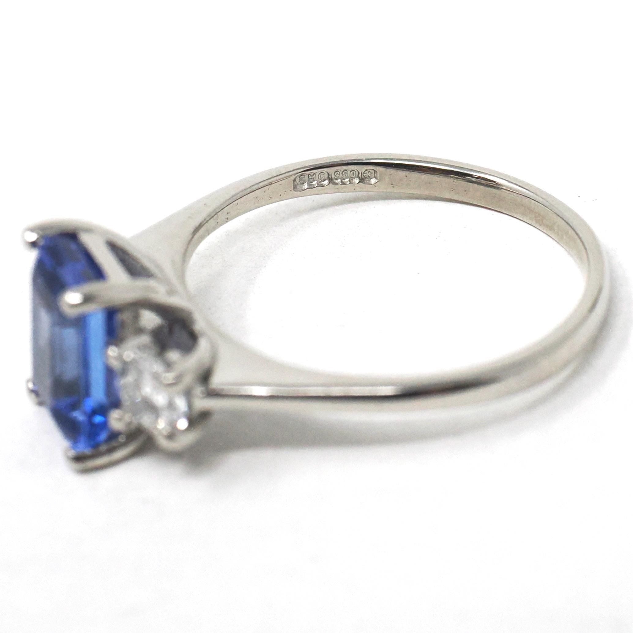 Tanzanite & Diamond Ring - Estate Platinum Natural Violet Blue Emerald Cut Gem Engagement - Modern Era Three Stone Size 6 1/2 Fine Jewelry