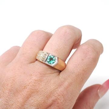 Emerald & Diamond Ring - Modern Era 14k Yellow Gold Platinum Natural Green Gemstone - Art Deco Style Size 8 1/4 Edward Petri Fine Jewelry
