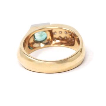 Emerald & Diamond Ring - Modern Era 14k Yellow Gold Platinum Natural Green Gemstone - Art Deco Style Size 8 1/4 Edward Petri Fine Jewelry