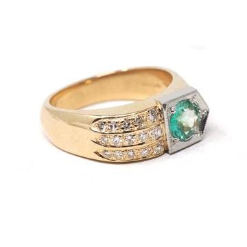 Emerald & Diamond Ring - Modern Era 14k Yellow Gold Platinum Natural Green Gemstone - Art Deco Style Size 8 1/4 Edward Petri Fine Jewelry
