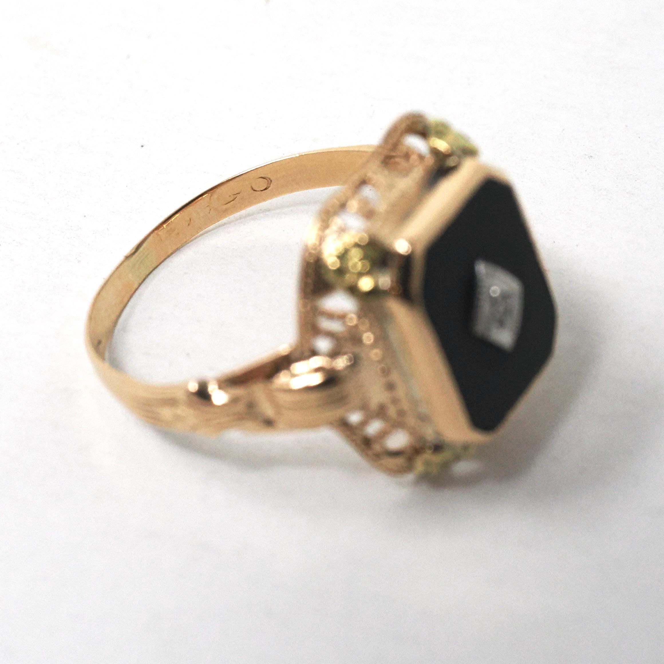 Vintage Onyx Ring - Art Deco 14k Yellow Gold Emerald Cut Natural Black Chalcedony Gem - Circa 1930s Era Size 5 3/4 Filigree Fine 30s Jewelry