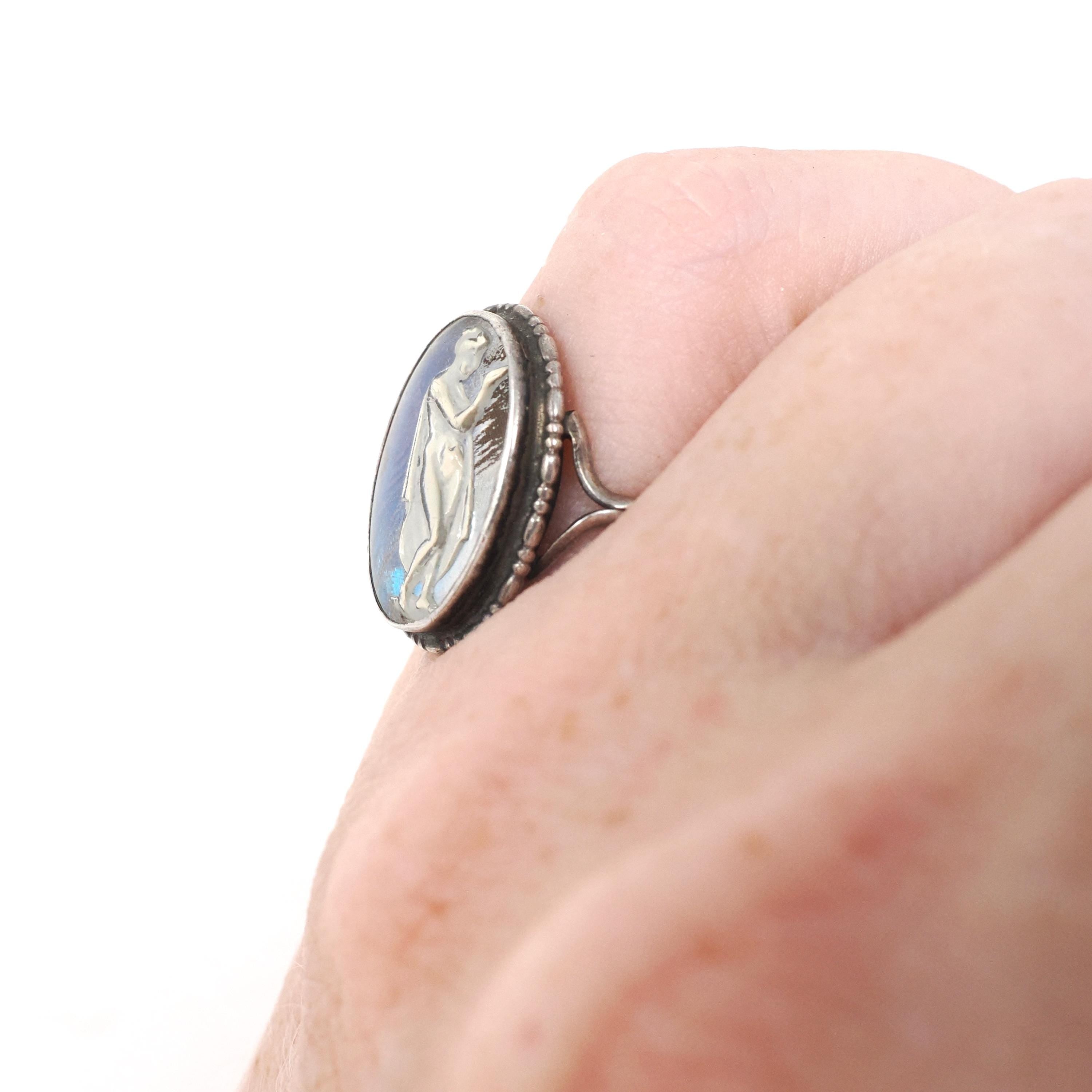 Morpho Butterfly Wing Ring - Art Deco English Silver Blue Chitin & Figural Woman - Circa 1930s Era Size 3 3/4 Classic Greek Souvenir Jewelry
