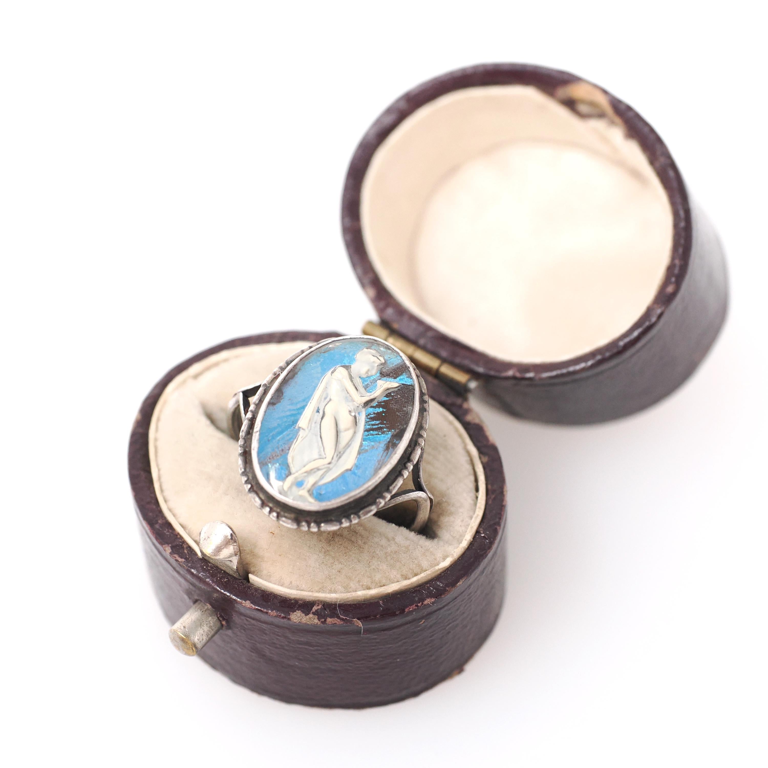 Morpho Butterfly Wing Ring - Art Deco English Silver Blue Chitin & Figural Woman - Circa 1930s Era Size 3 3/4 Classic Greek Souvenir Jewelry