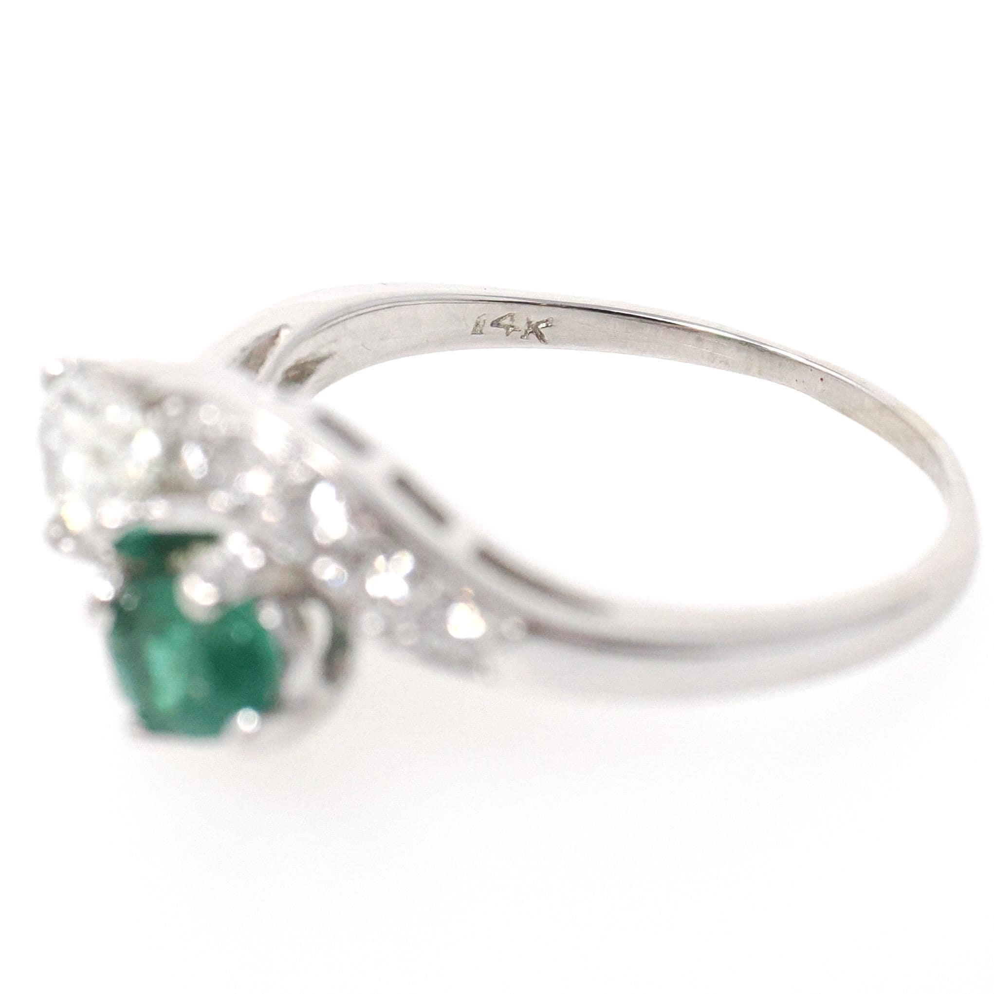 Vintage Toi Et Moi Ring - Mid Century 14k White Gold Natural Green Emerald & Diamond - Circa 1950s Size 8 1/4 Bypass Engagement Fine Jewelry