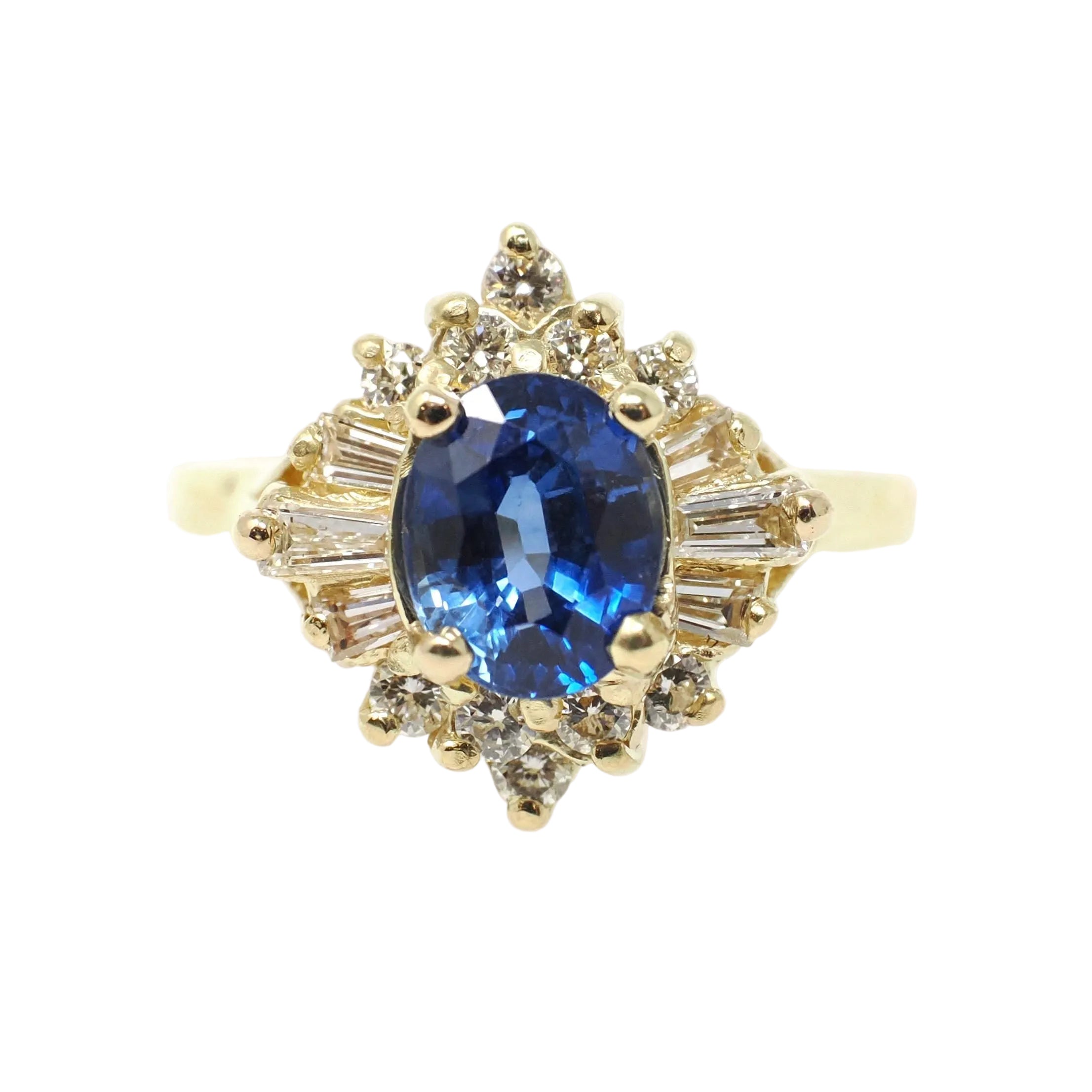 Sapphire & Diamond Ring - 18k Yellow Gold Blue Gem .55 CTW Diamond Halo - Contemporary Size 5.75 Ballerina Fine GIA Origin Report Jewelry