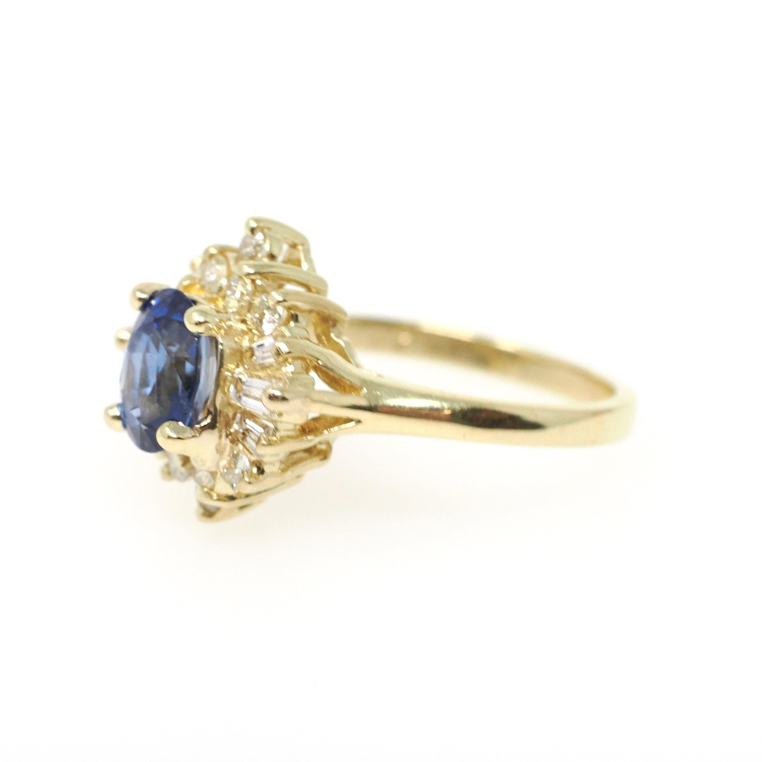 Sapphire & Diamond Ring - 18k Yellow Gold Blue Gem .55 CTW Diamond Halo - Contemporary Size 5.75 Ballerina Fine GIA Origin Report Jewelry