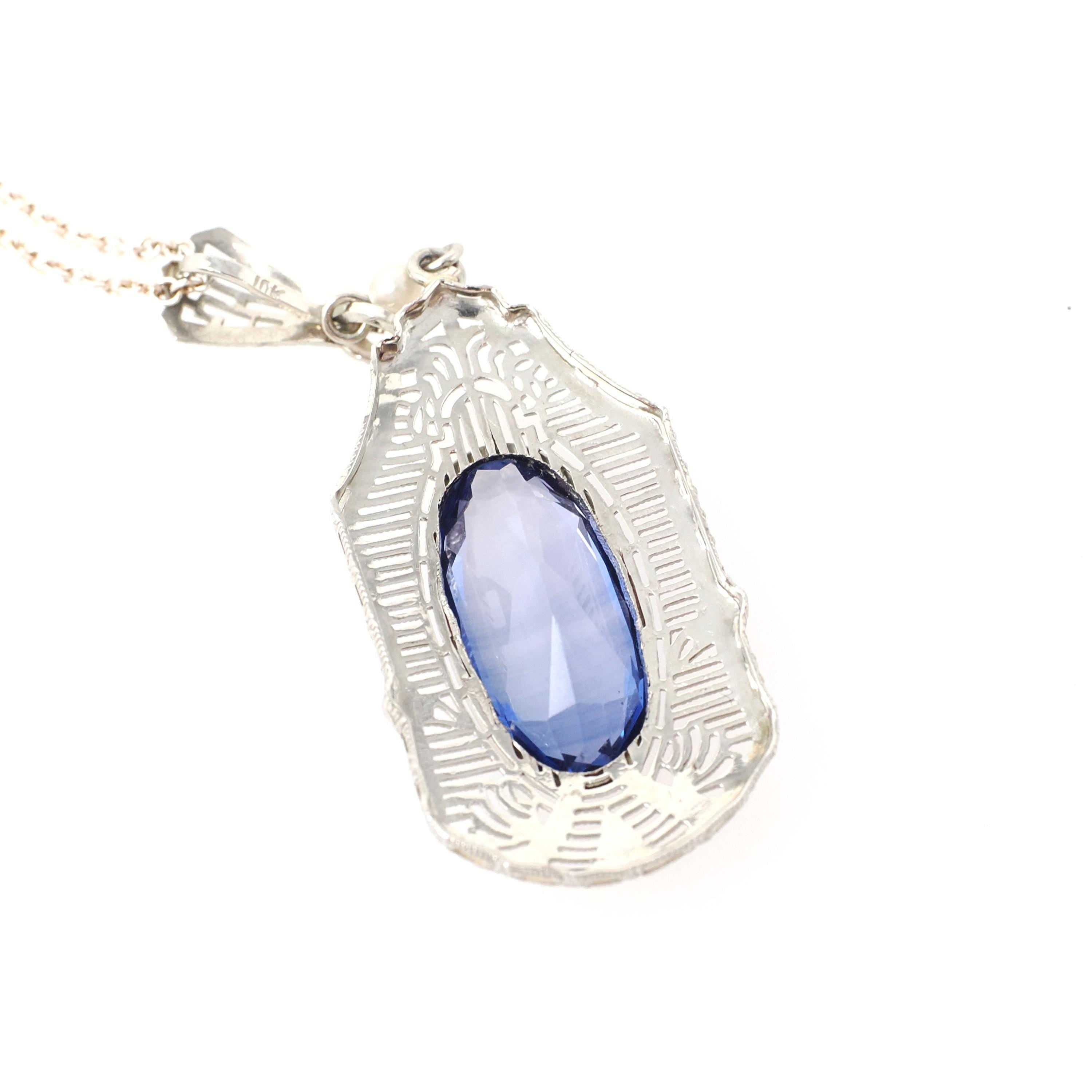 Art Deco Necklace - Vintage 10k White Gold Created Blue Sapphire Simulated Seed Pearl Pendant - Circa 1930s Era Filigree Statement Jewelry