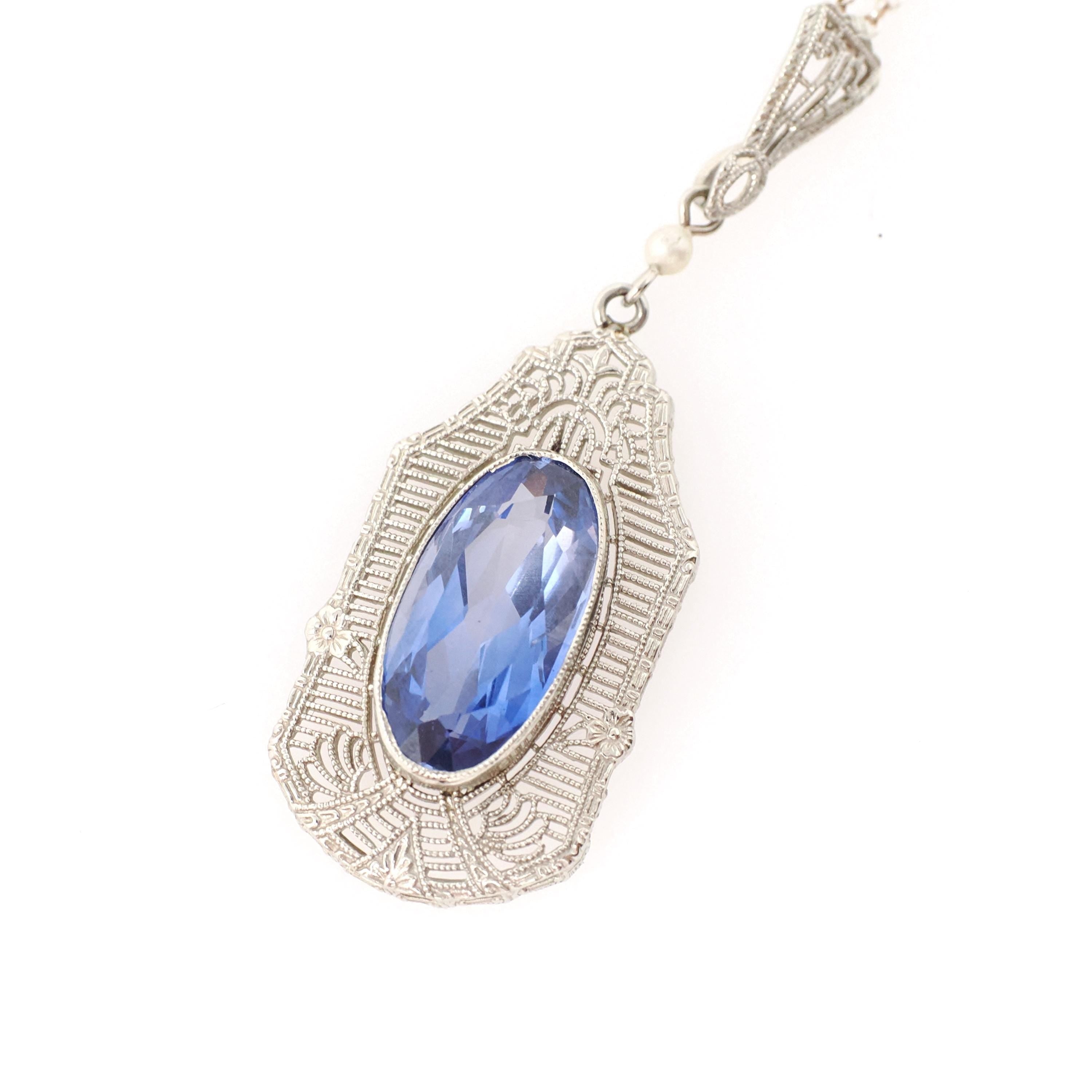 Art Deco Necklace - Vintage 10k White Gold Created Blue Sapphire Simulated Seed Pearl Pendant - Circa 1930s Era Filigree Statement Jewelry