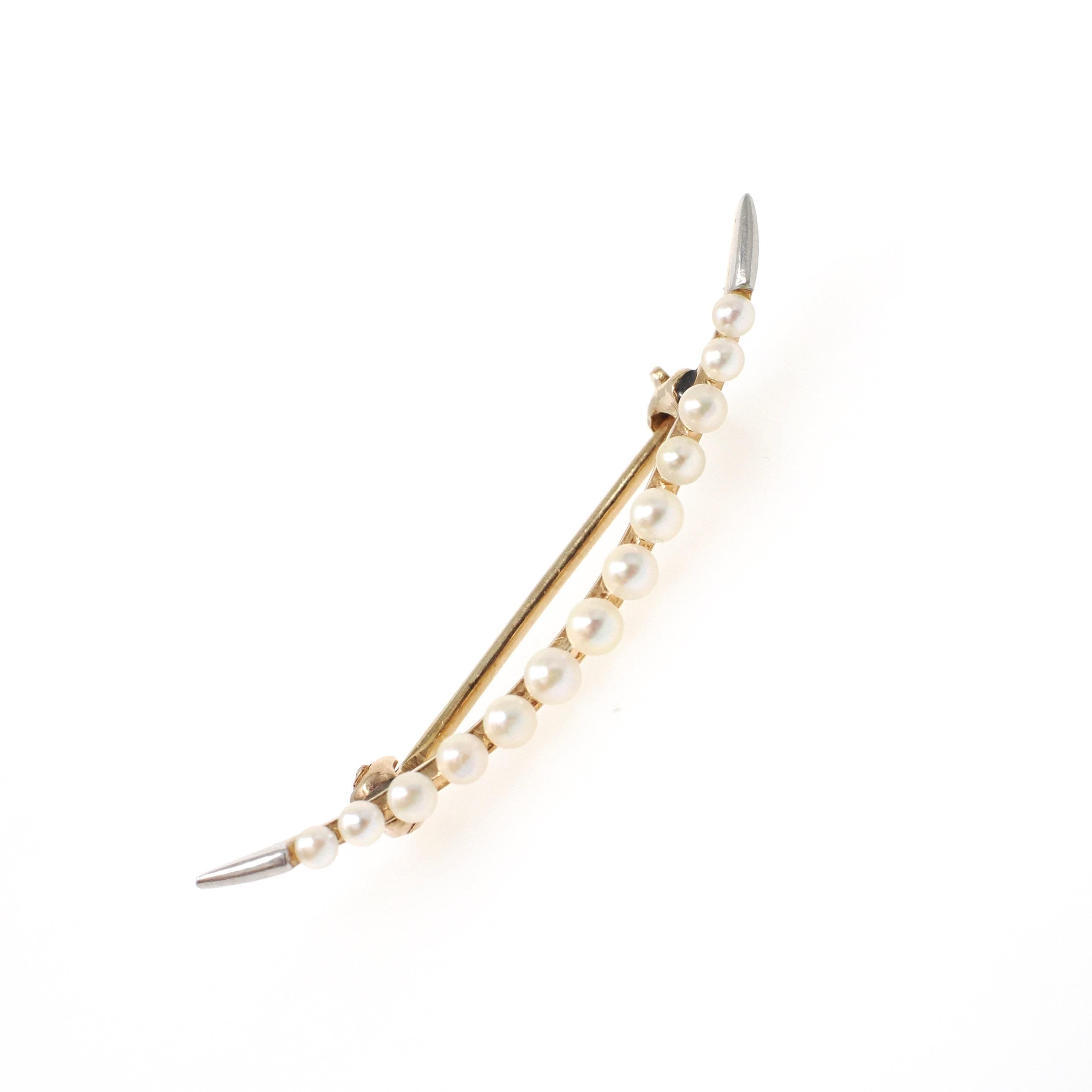 Antique Moon Brooch - Edwardian 14k Yellow Gold & Platinum Natural Seed Pearl Pin - Circa 1910s Celestial Crescent Satellite Fine Jewelry