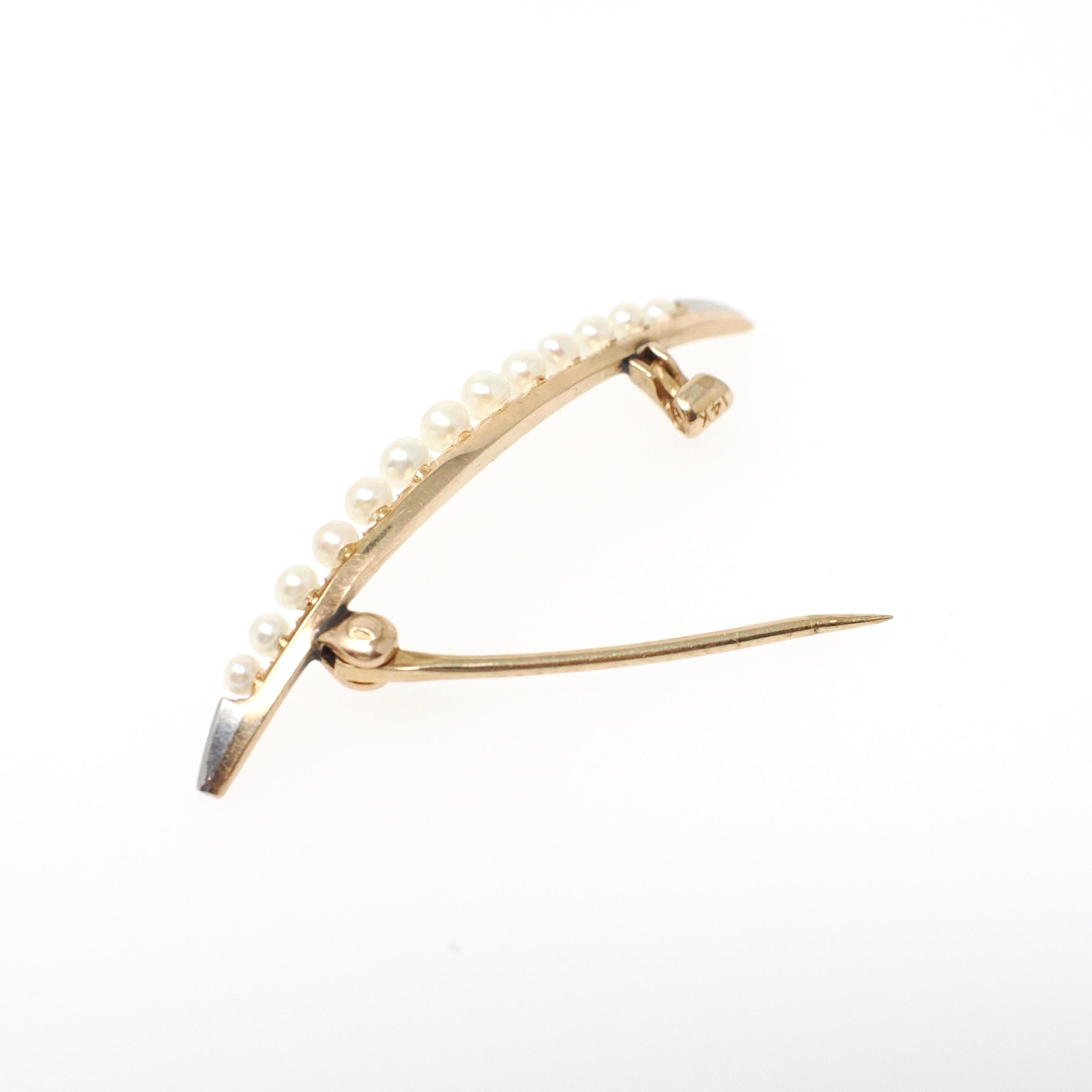 Antique Moon Brooch - Edwardian 14k Yellow Gold & Platinum Natural Seed Pearl Pin - Circa 1910s Celestial Crescent Satellite Fine Jewelry