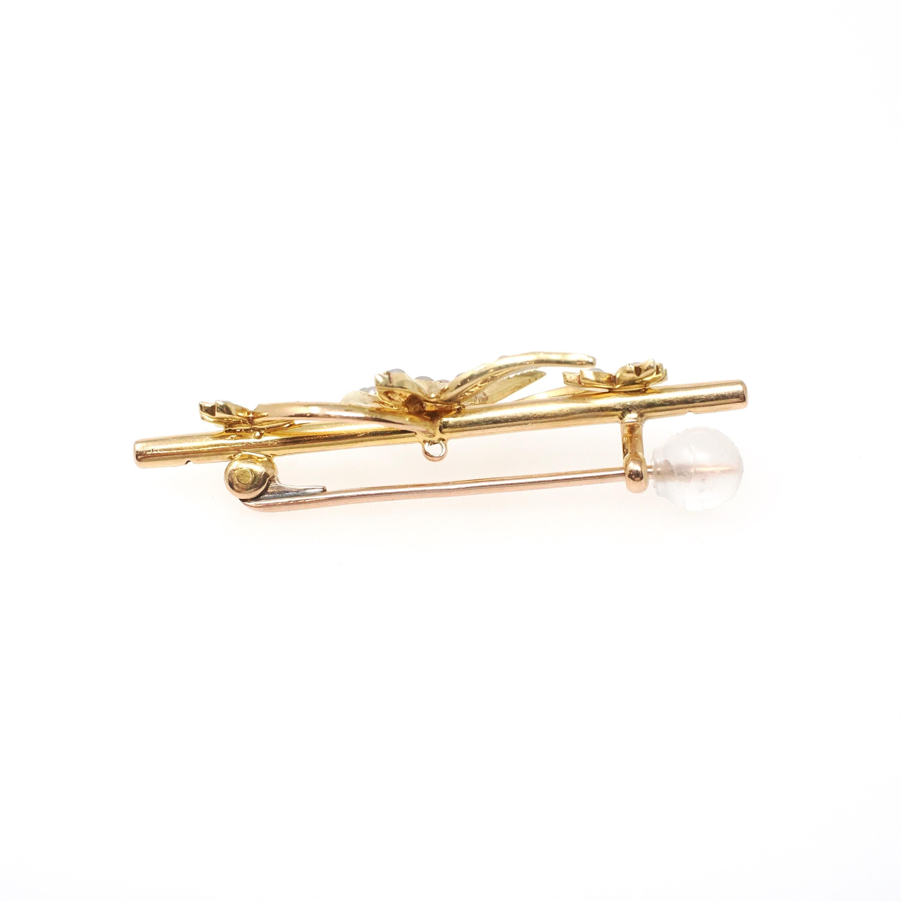 Antique Bird Brooch - Edwardian 15CT English Yellow Gold Seed Pearls Nature Inspired Bar Pin - Circa 1910s Leaf Fine Swallow Lapel Jewelry