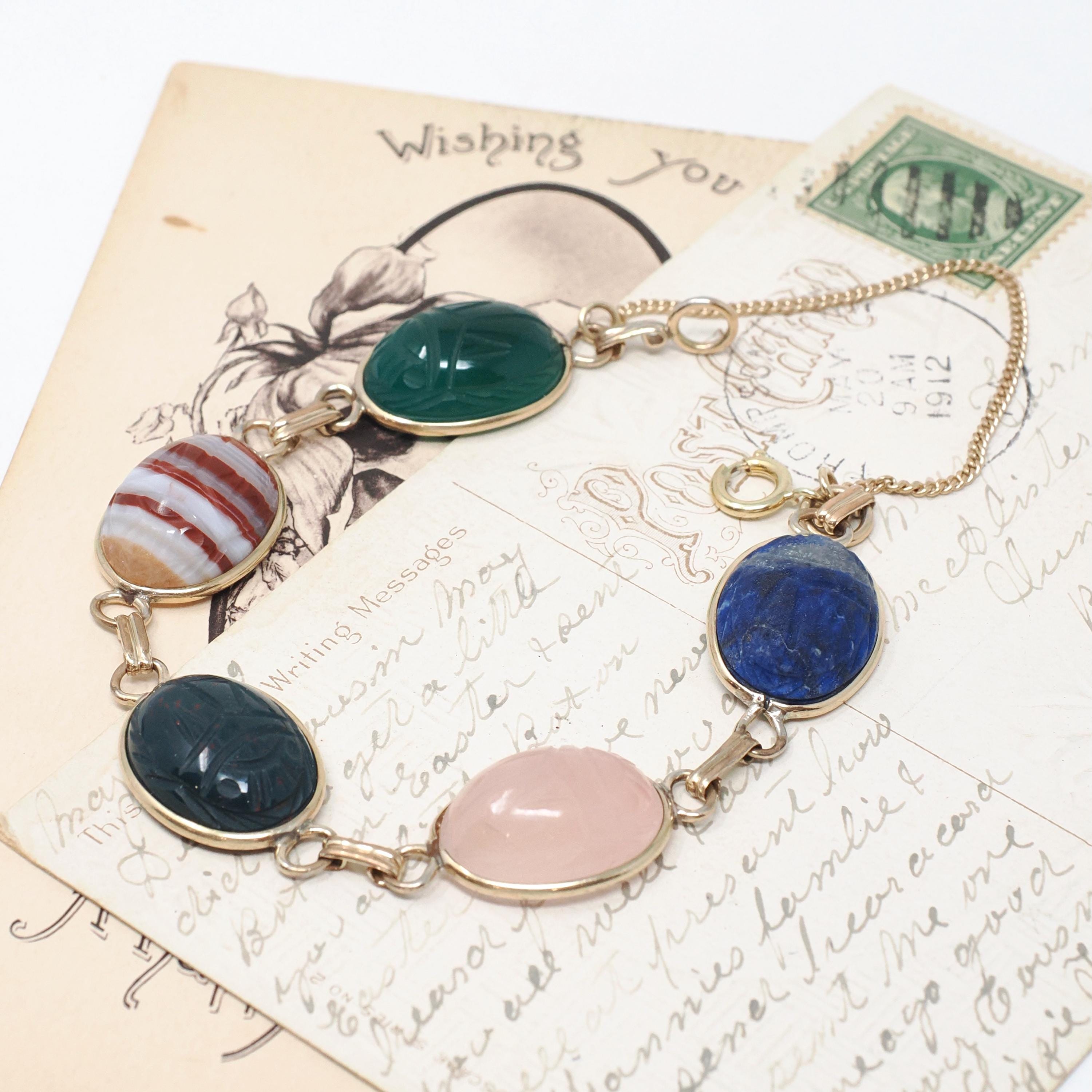 Vintage Scarab Bracelet - Retro 14k Gold Filled Carved Natural Gemstones - Circa 1960s Era Egyptian Revival Style Panel Statement Jewelry